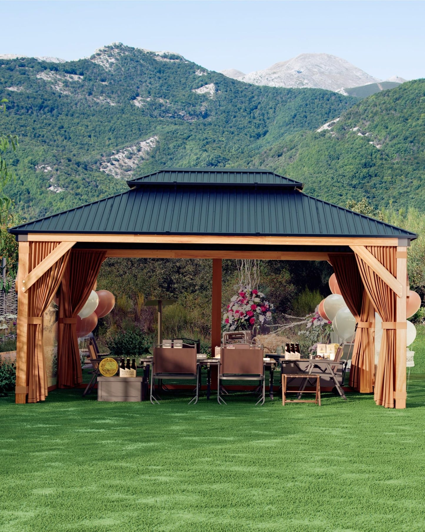 GarveeLife Hard top Wood Gazebo 10 ft x12 ft for All Weather, with Double Metal Roof, Heavy Duty Wooden Frame, Net, and Curtain, Permanent Building for Patio, Deck, Backyard, Lawn, and Garden, Khaki