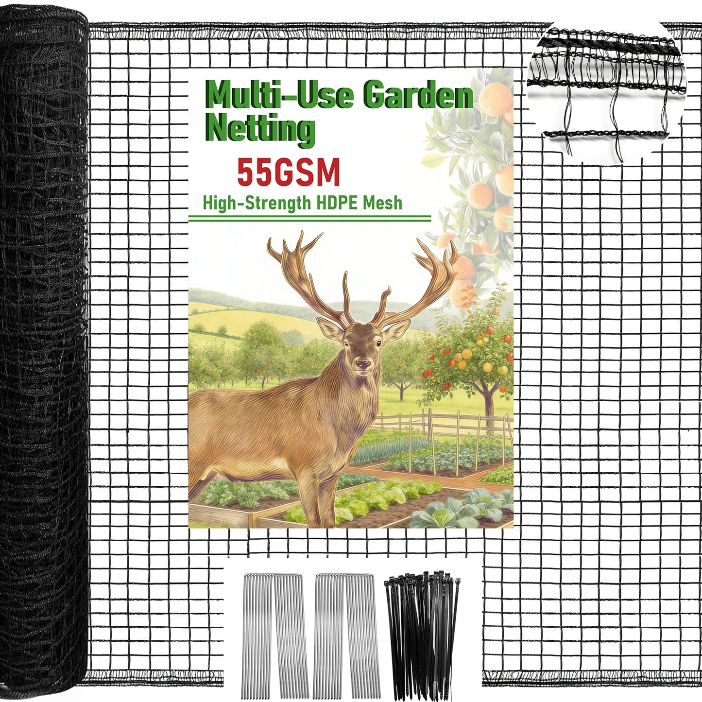 Deer Fence Netting, 4 x 75ft Heavy Duty Plastic Mesh Deer Netting, 55GSM Deer Fence for Garden, Reinforced Edges Anti Bird Netting Mesh for Trees Vegetable Raised Bed(55GSM, 4 x 75ft)