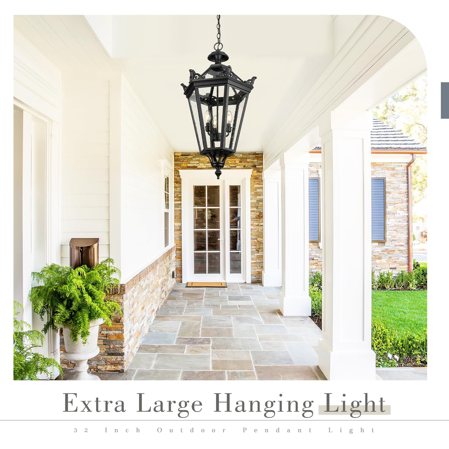Emliviar 32 Inch Outdoor Front Door Hanging Light, Farmhouse Exterior Pendant Lantern Waterproof Ceiling Mount with Seeded Glass, Black Finish, XE283H BK