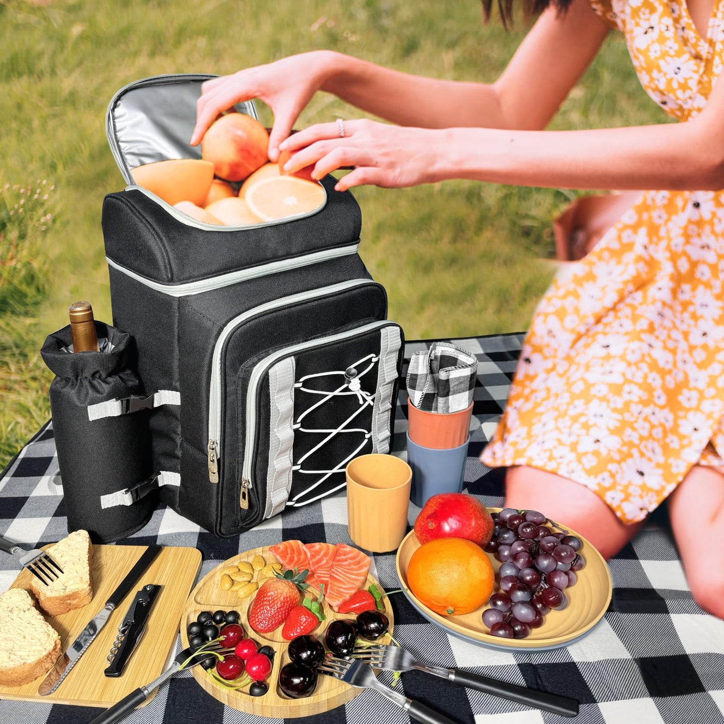 Hap Tim Picnic Basket Backpack for 4 Person with Blanket, Insulated Leakproof Cooler Compartment, Wine Holder, Cutlery Set, Engagement Gifts for Couples, White Elephant Gift Ideas, Black (36221-DG)