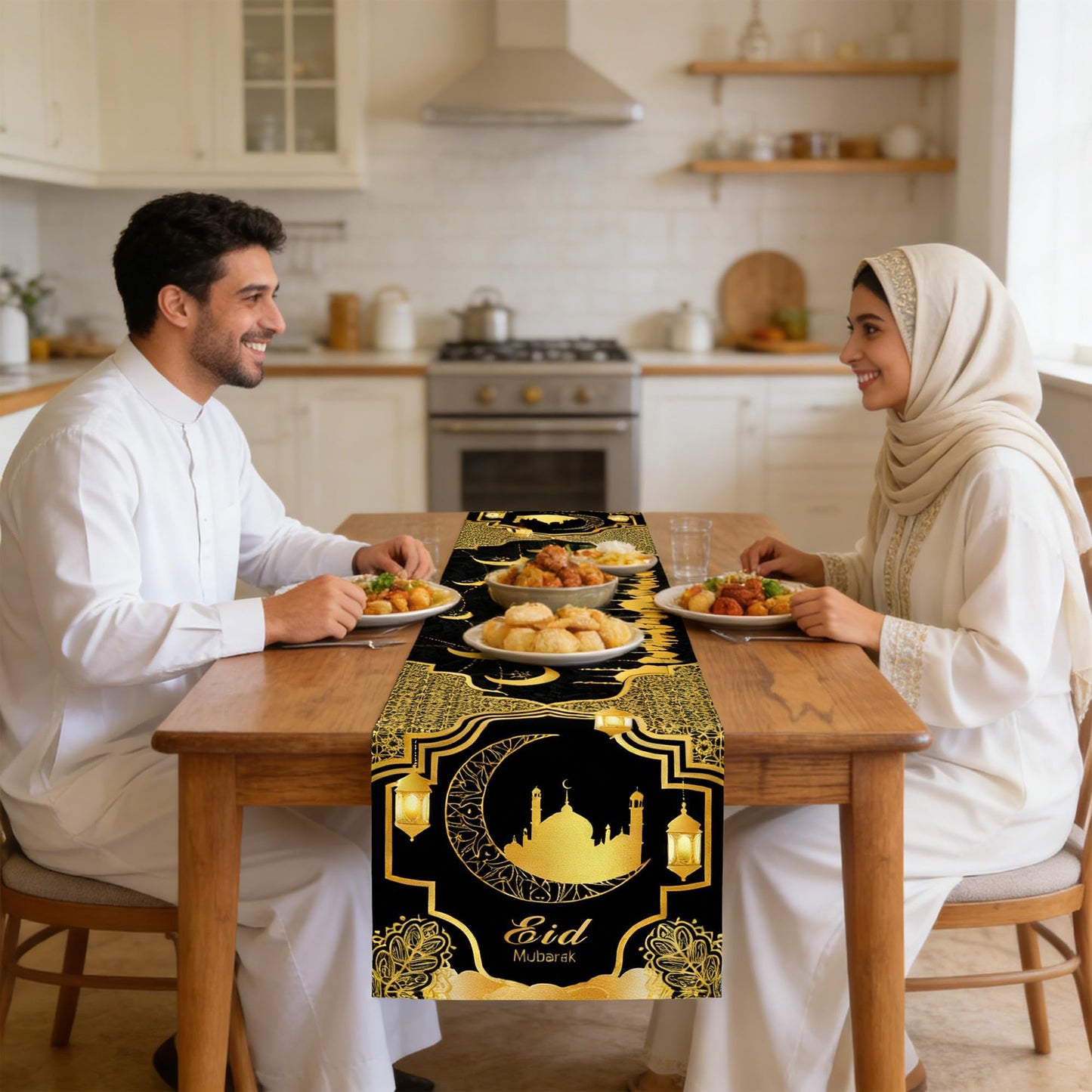 Ramadan Mosque Linen Table Runner: Black and Gold Mosque Moon Tablerunner Muslim Eid Al-fitr Eid Mubarak Perfect for Ramadan Party Home Kitchen Dining Mantel 13×72Inches(1 Pcs)
