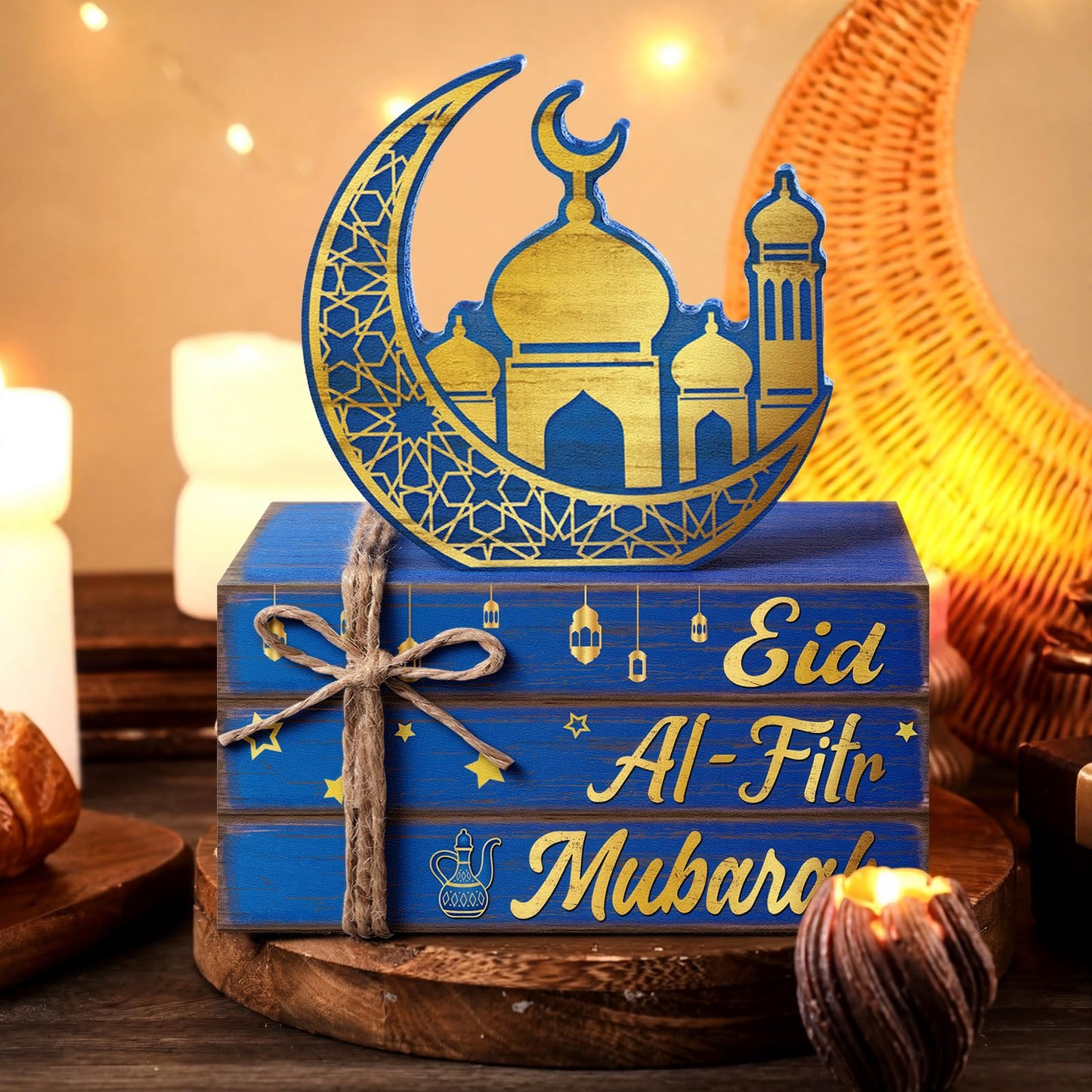 Geelin 4 Pcs Eid Mubarak Tiered Tray Decor Wooden Book Stack Signs, Blue Gold Islamic Crescent Moon Mosque Table Centerpiece for Ramadan Home Shelf Coffee Bar Mantel Decorations