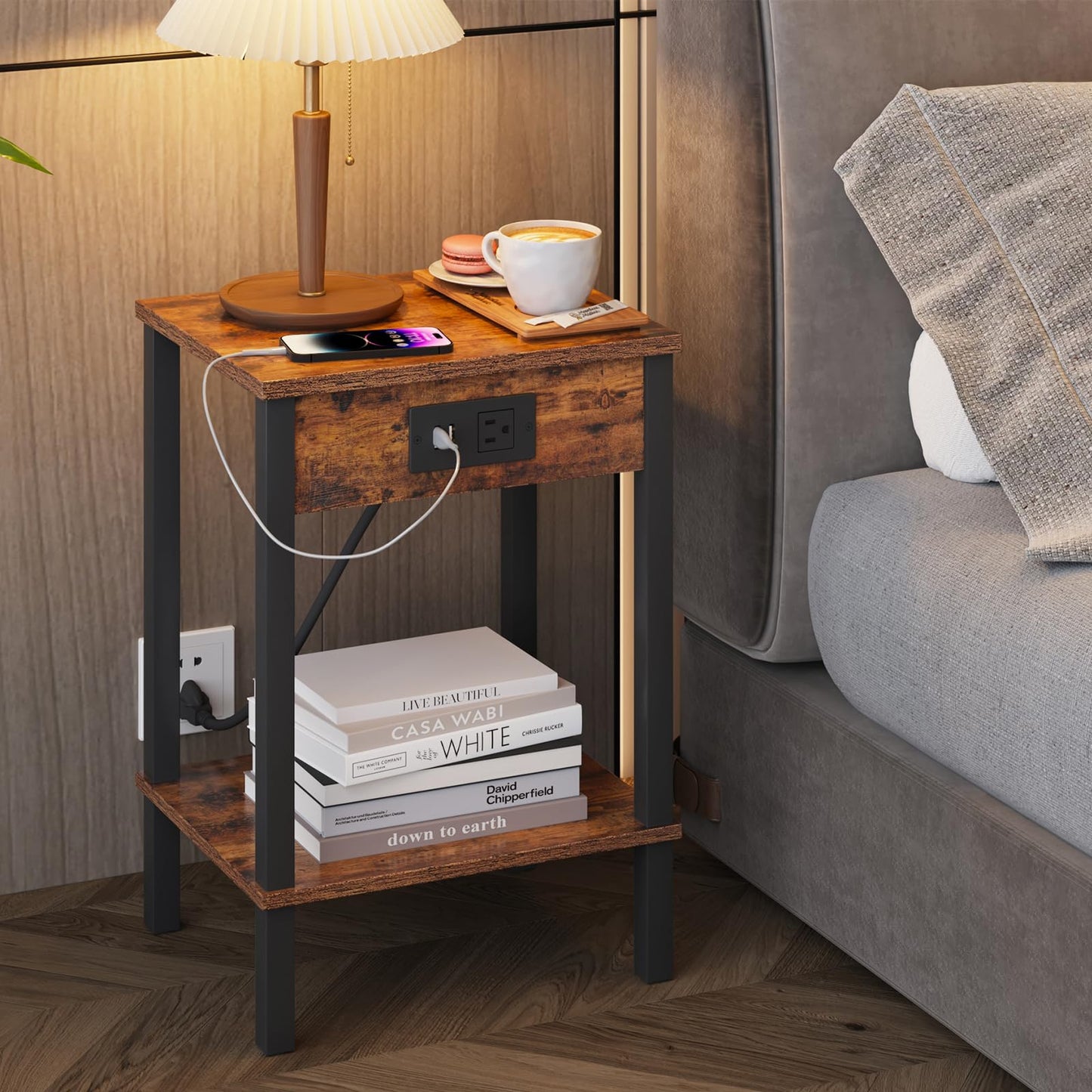 VIMBER Side Table with Charging Station, Set of 2 End Tables with USB Port and Outlets, Nightstands with 2-Tier Storage Shelves, Sofa Table for Small Space, Living Room, Bedroom, Rustic Brown 102F2