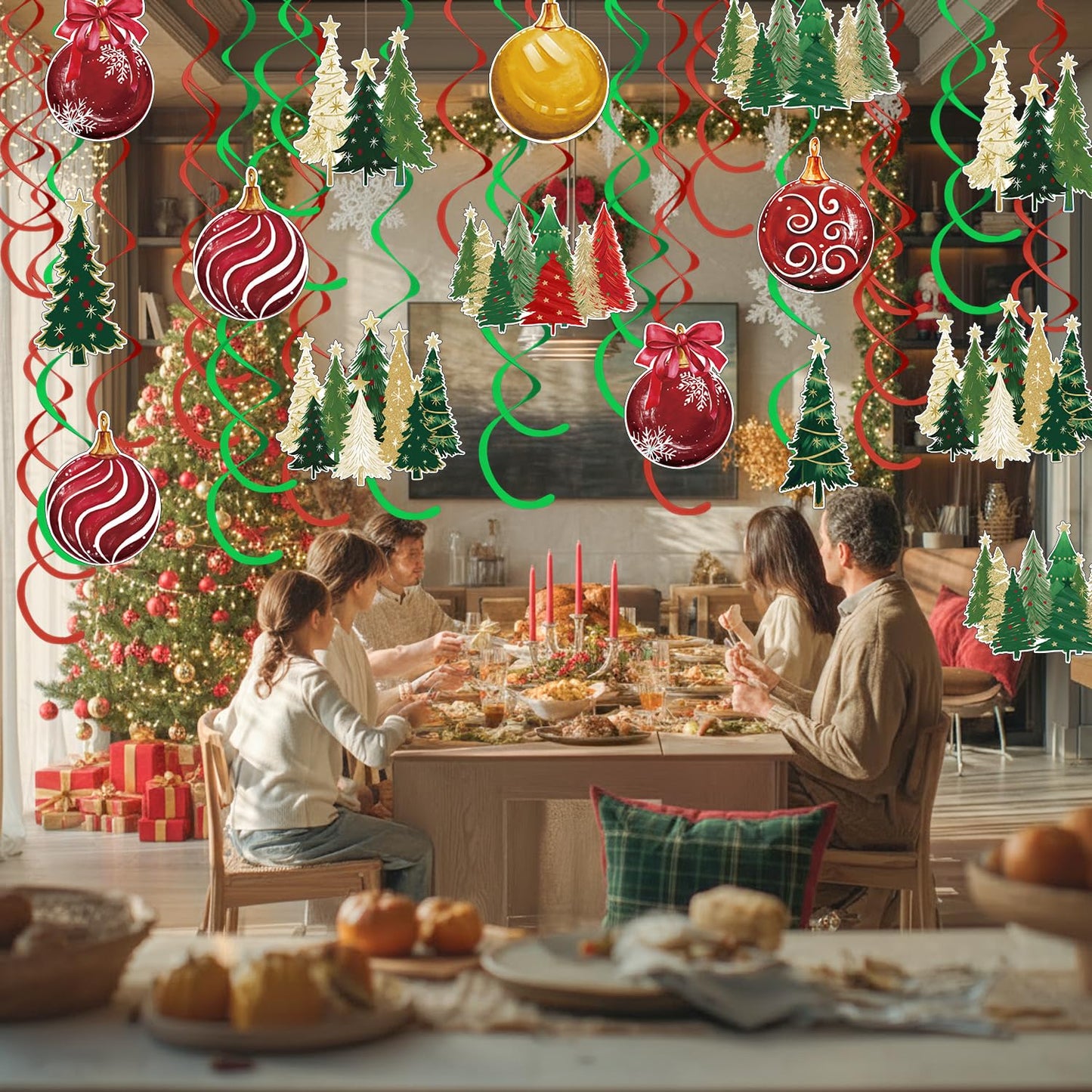 Horaldaily Christmas 44 Pieces Party Hanging Swirl Banner Decorations, Christmas Trees Ball Ornaments Party Hanging Swirls Streamers Ceiling Decor for Home Office Classroom School Boys Girls Supplies