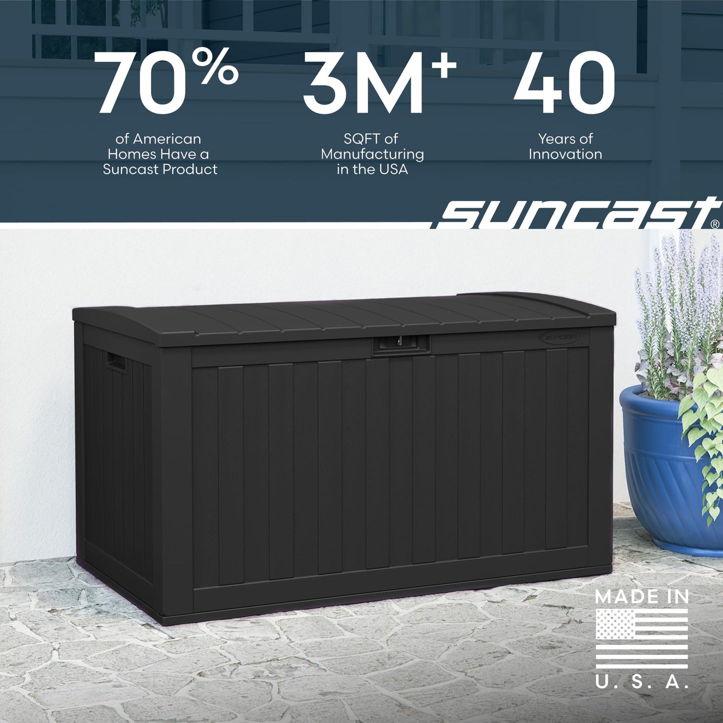 Suncast 134-Gal. Resin Extra-Large Outdoor Patio Deck Box with Pad-Lockable Lid, Modern Outdoor Patio Bench/Storage Box for Cushions, Garden Tools, and More, Iron Ore
