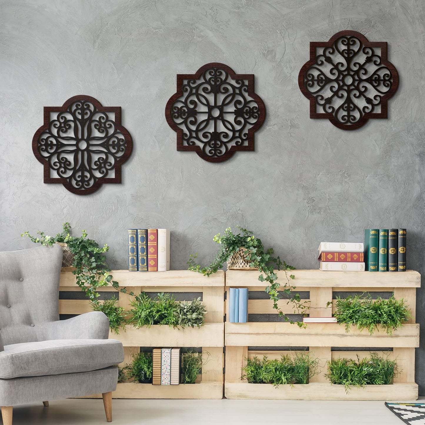 Zhanmai 3 Pieces Thicken Rustic Wood Wall Decor Farmhouse Geometric Wall Art Farmhouse Hanging Decoration for Living Room Bedroom Home Indoor Outdoor Office, 12 x 12 Inch, Brown