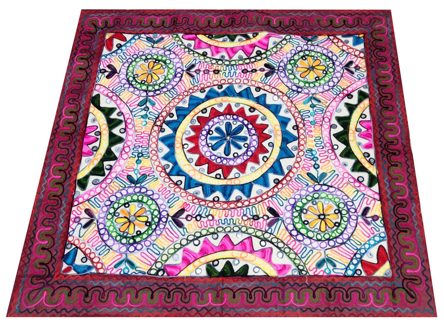 Purpledip Cotton Tapestry 'Valley Of Flowers': Vintage Embroidery Table Cover Or Wall Hanging (11361)