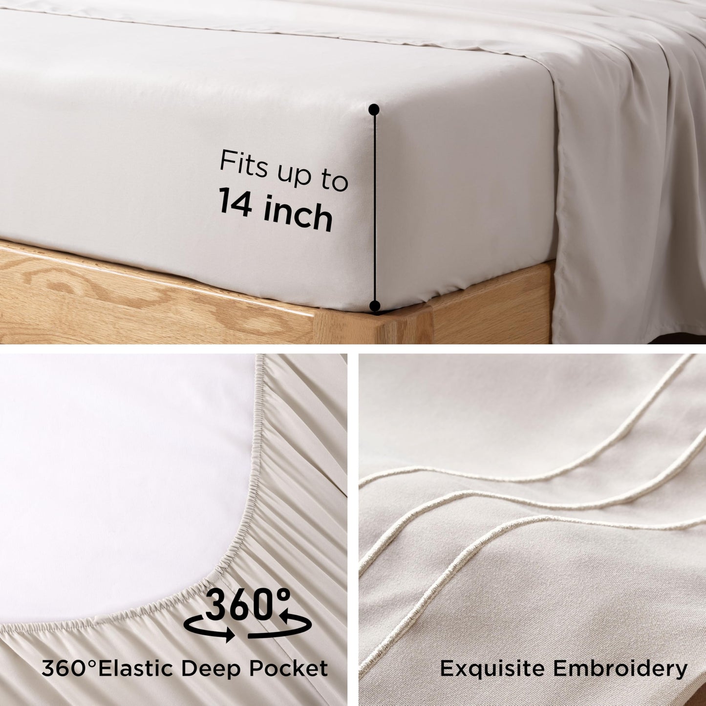 Baskbed Queen Size 4 Piece Sheet Set with Embroidered Pillowcases, Ultra-Soft Microfiber Comfy Breathable & Cooling Bed Sheets, Deep Pocket Fitted Sheets and Hotel Luxury Cozy Flat Sheets, Beige