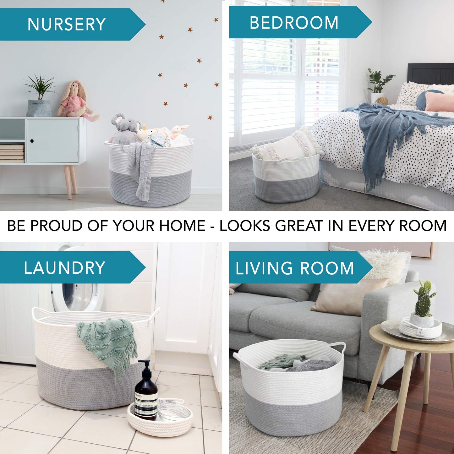 XXXL WASHABLE Large Blanket Basket 85L 2PCs Handmade Decorative Woven Baskets for Storage - Soft Durable XXX Large Cotton Rope Blanket Storage for Living Room, Toys, Organizer 22" x 14" (Grey/White)