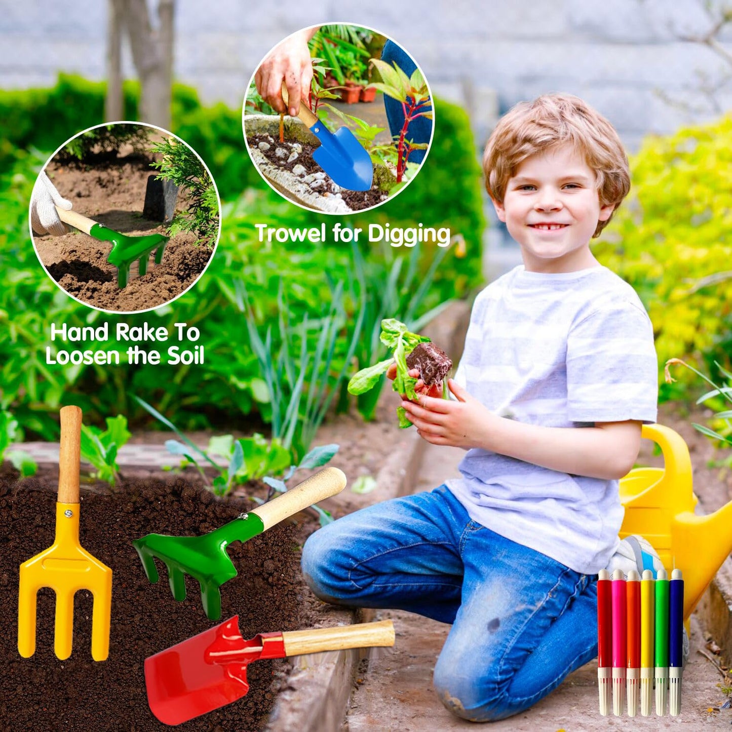 Kids Gardening Tools, Toddler Gardening Set for Kids Includes Rake, Shovel, Trowel, Apron Gloves Watering Can and Tote Bag, Spray Bottle, Kids Garden Tools Best Outdoor Toys Gift for Boys and Girls