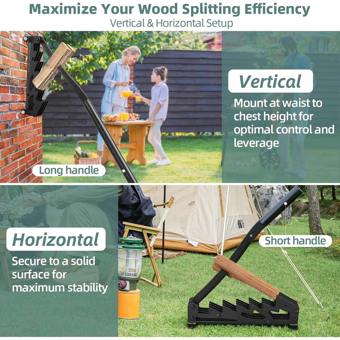 XCZNAGS Wall Mounted Wood Splitter: Dual-Handle Manual Kindling Splitter with 6-Tooth Clamping, Heavy Duty Steel Log Splitter for Soft Firewood, Includes Gloves and Screws for Indoor and Outdoor Use