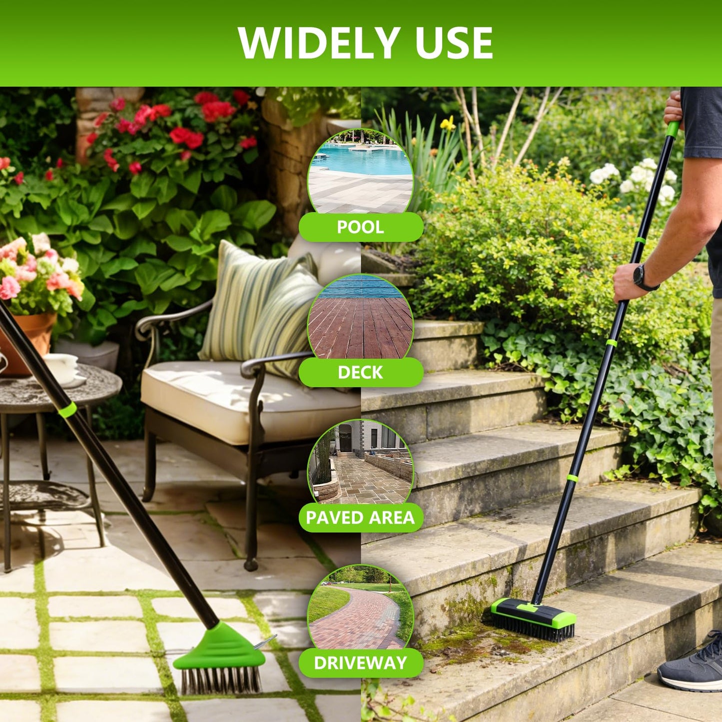 Crack Weeder Brush Long Handle 3-in-1 Wire Floor Scrubber Brush Crack Weeder Tool - Manual Crevice Weeding Tool with Scraper , Weed & Moss Remover for Driveway, Patio, Garage, Deck, Pool, and Sidewalk