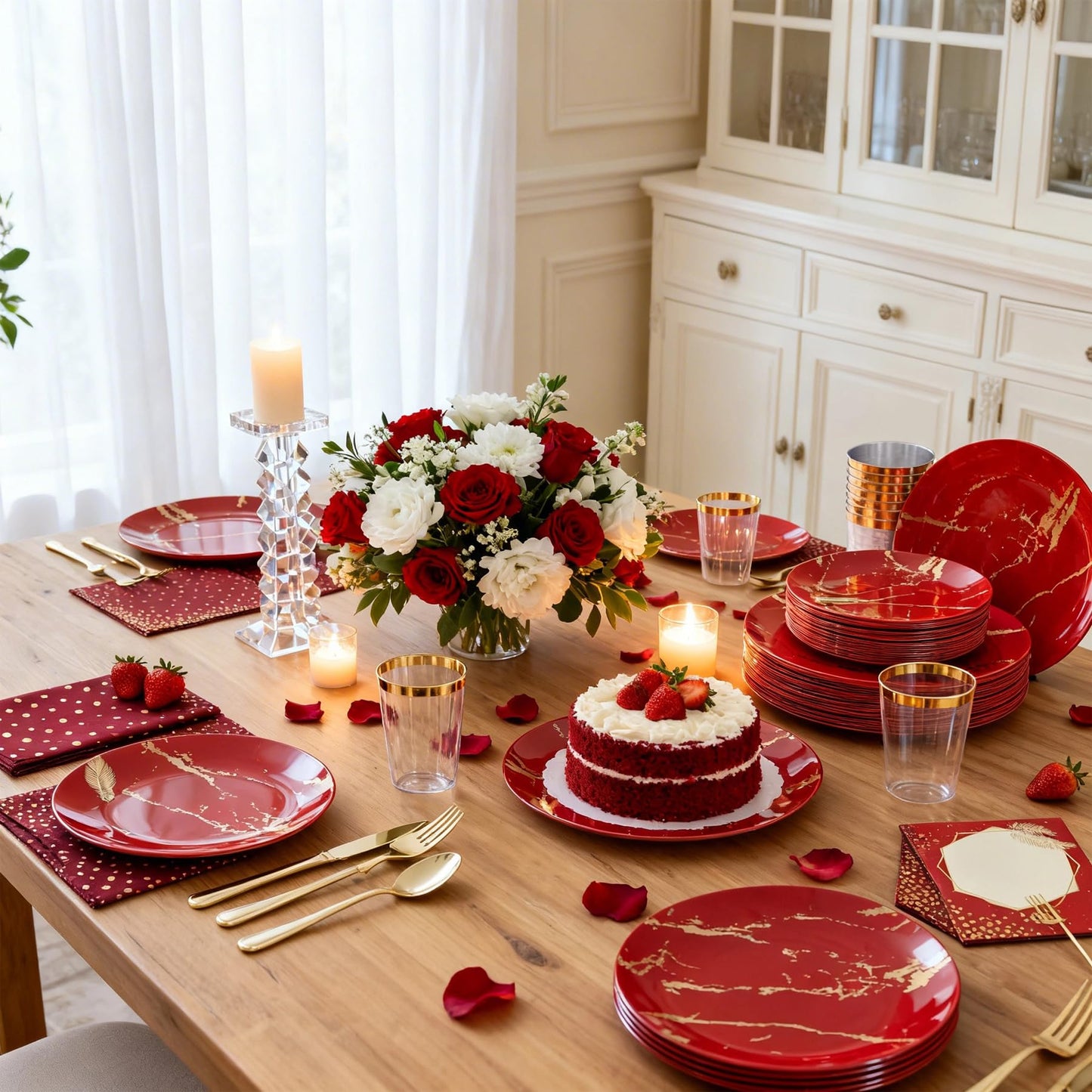 N9R 225PCS Red Gold Plastic Dinnerware Set - Disposable for Mother’s Day, Includes 25 Dinner Plates, 25 Dessert Plates, 25 Forks, 25 Spoons, 25 Knives, 25 Gold Cups, 25 Napkins & Table Cards