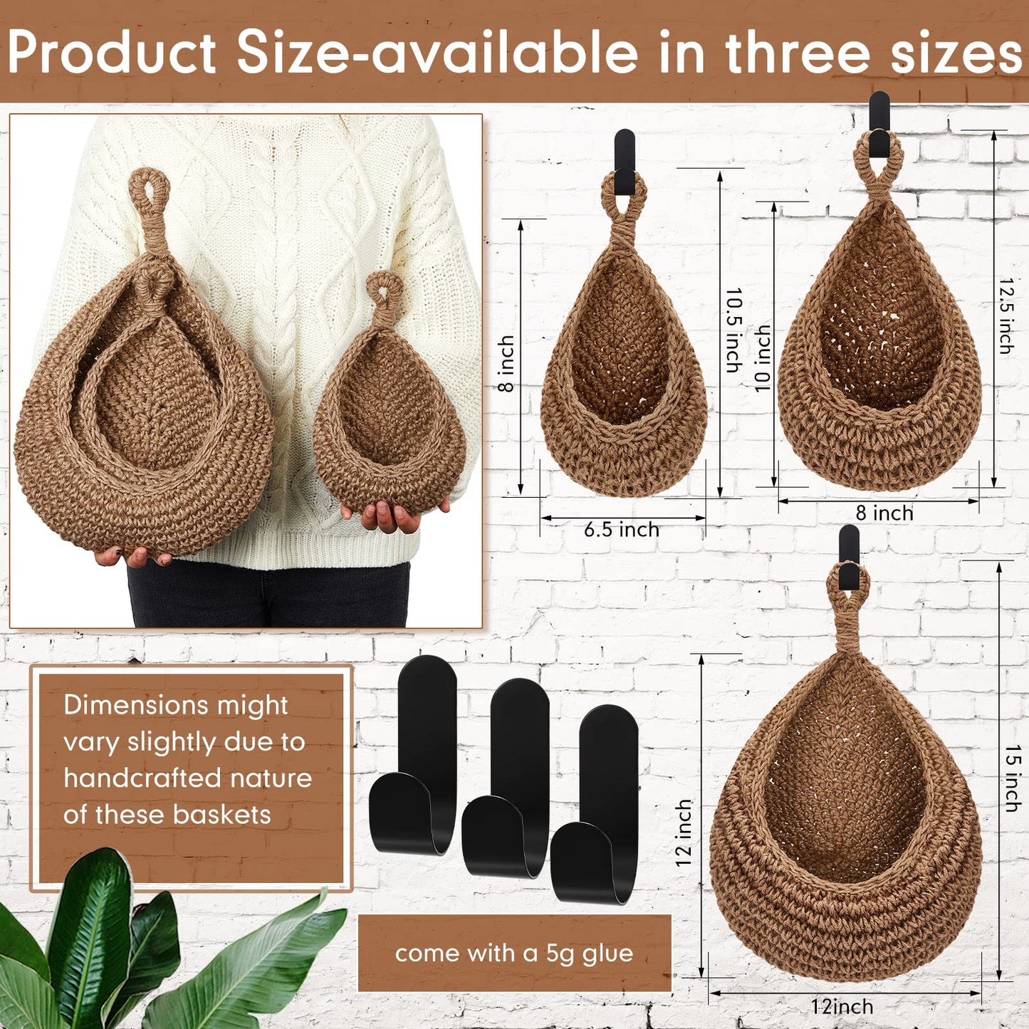 Honeydak Boho Decor Hanging Wall Baskets for Kitchen 3 Pack Teardrop Baskets with Hooks Storage Fruit Onion Vegetable Potato for Home 3 Sizes(Linen,Teardrop,Jute)