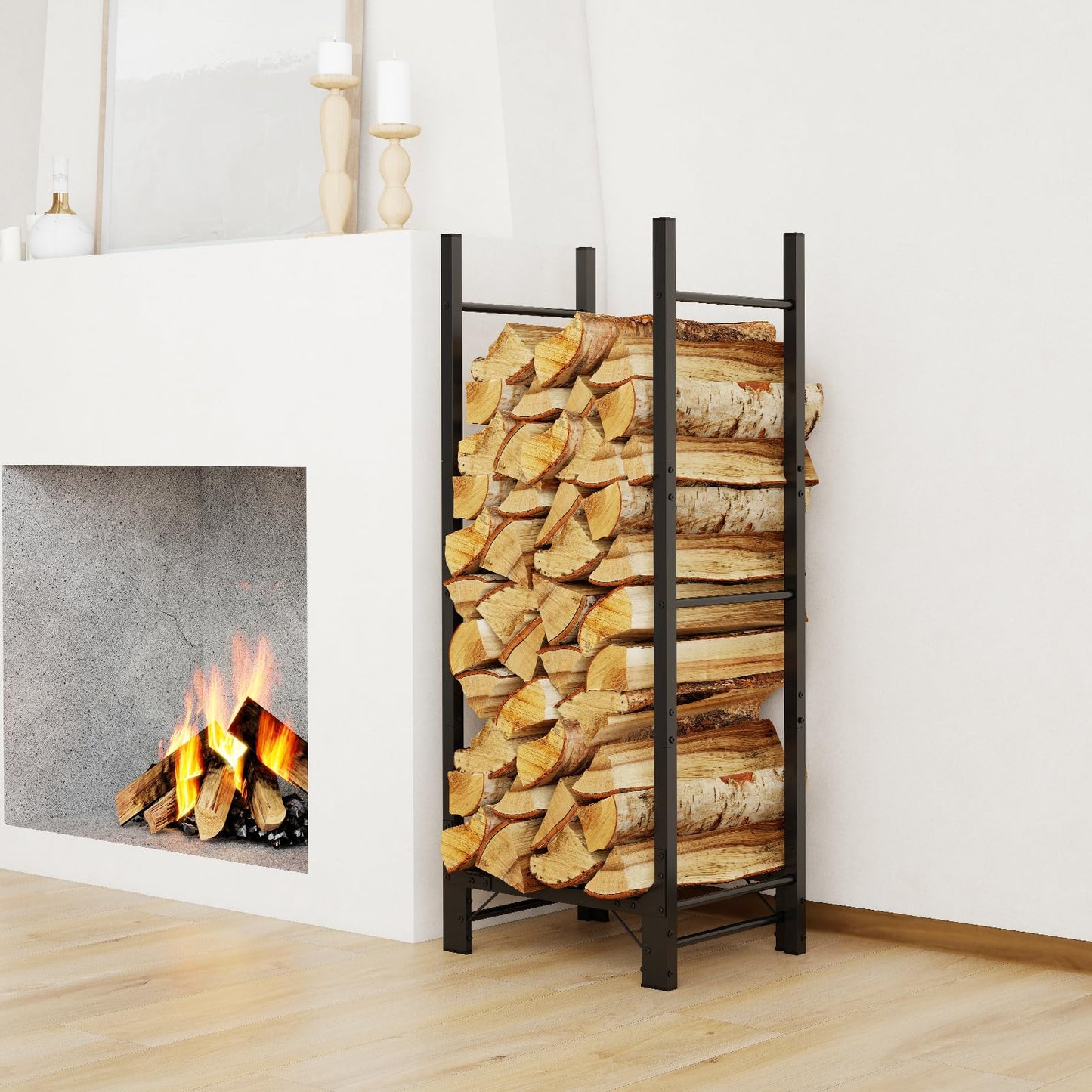C-Hopetree 8Ft Outdoor Indoor Firewood Rack, Adjustable Metal Log Holder for Fireplace, Heavy Duty Wood Pile Storage Organizer Stacker Stand, Black