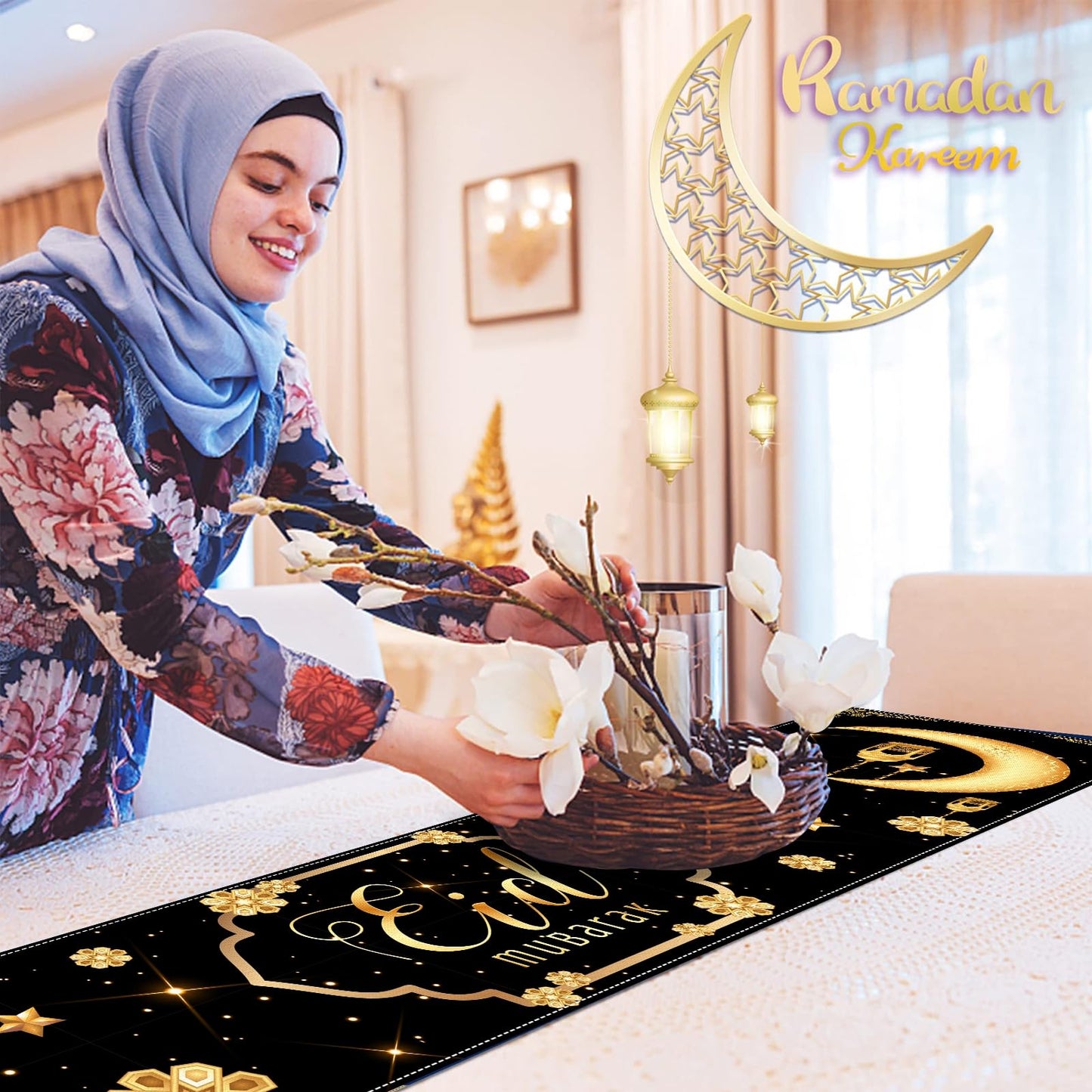 Eid Mubarak Table Runner Table Decorations,Eid Decorations for Home Black and Gold Holiday Kitchen Dining Table Runners with Moon,Star and Lantern for Islamic Table Decor Party Supplies 13 x 72 Inch