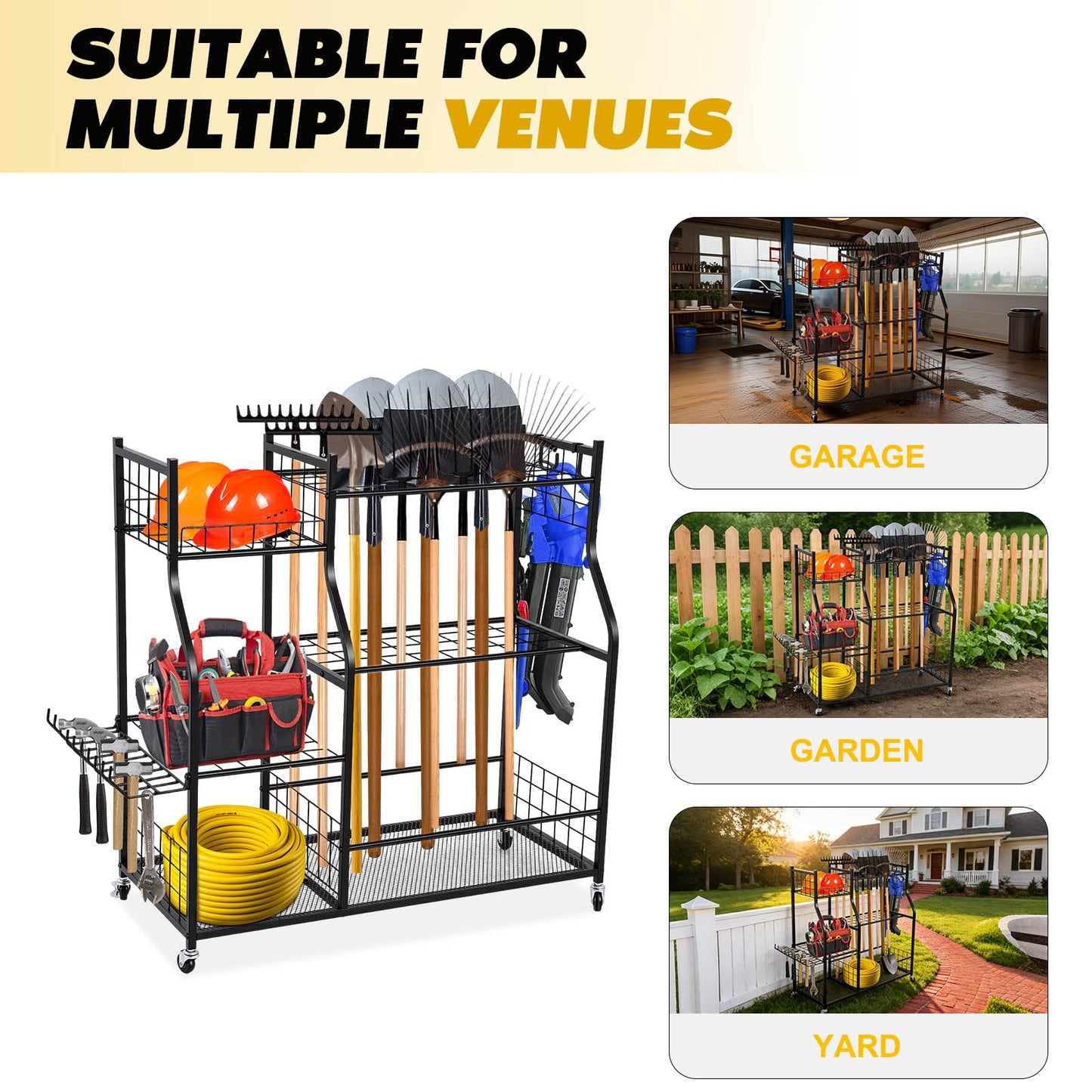 Garden Tool Organizer Rolling Cart Large Capacity Rust-Resistant Metal Tool Cart with Wheels Hooks Garage Shed Yard Outdoor Storage Rack Suitable for Long-Handled Tools/Rakes/Shovels