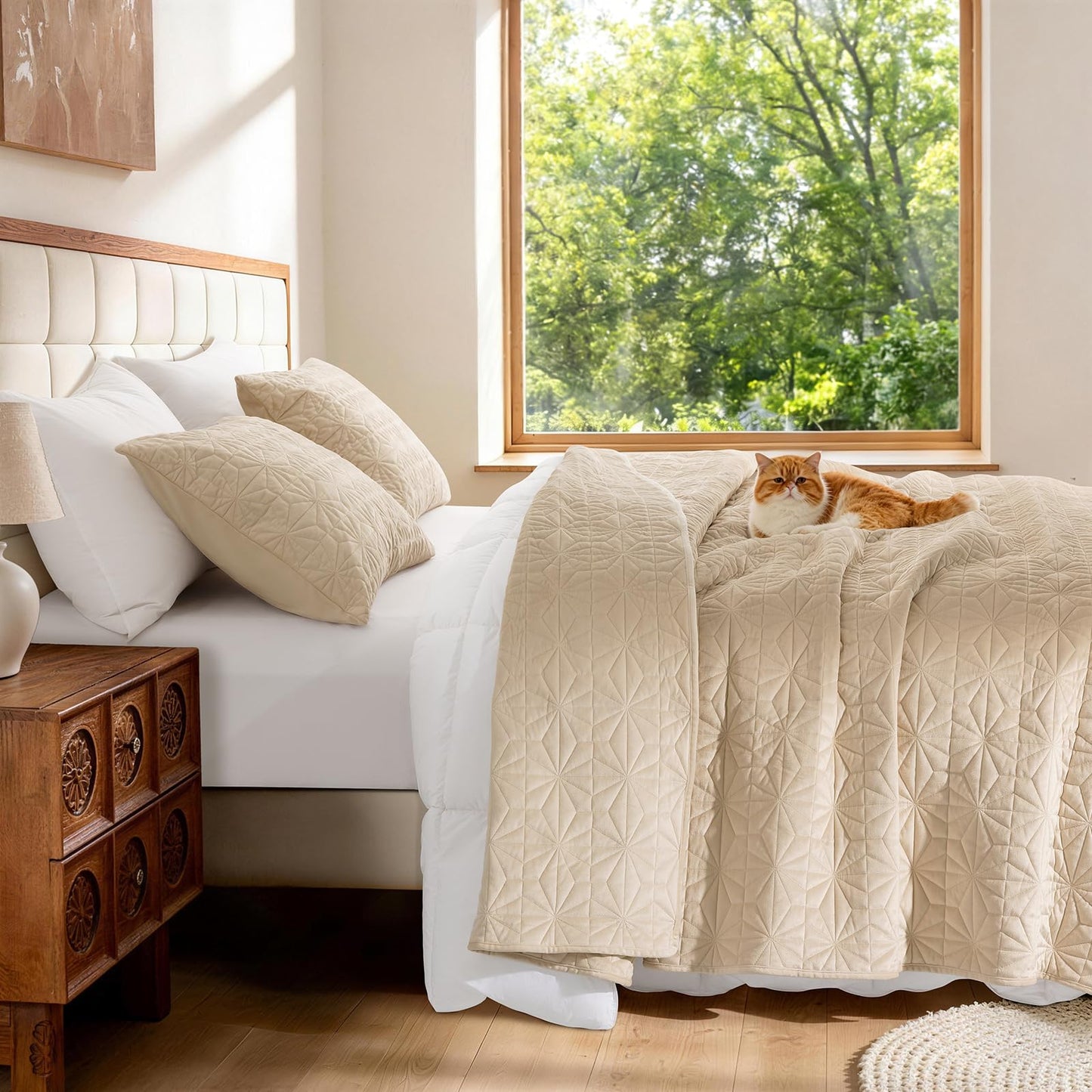 Uqocnh Luxury Velvet Quilt Set Queen Size 3 Piece, Soft Channel Stitch Velvet Comforter Set with 2 Pillow Shams, Lightweight Coverlet Bedspread Bedding Set for All Seasons, Beige