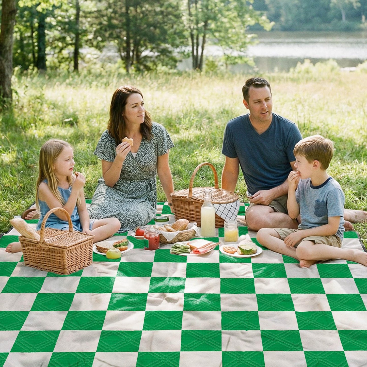 Doonly Picnic Blanket, 78" x 78" Large Waterproof Sandproof Beach Blanket, Foldable Outdoor Blanket Gingham Picnic Mat for Beach, Camping, Park, Grass, Lawn, Travel (Green)