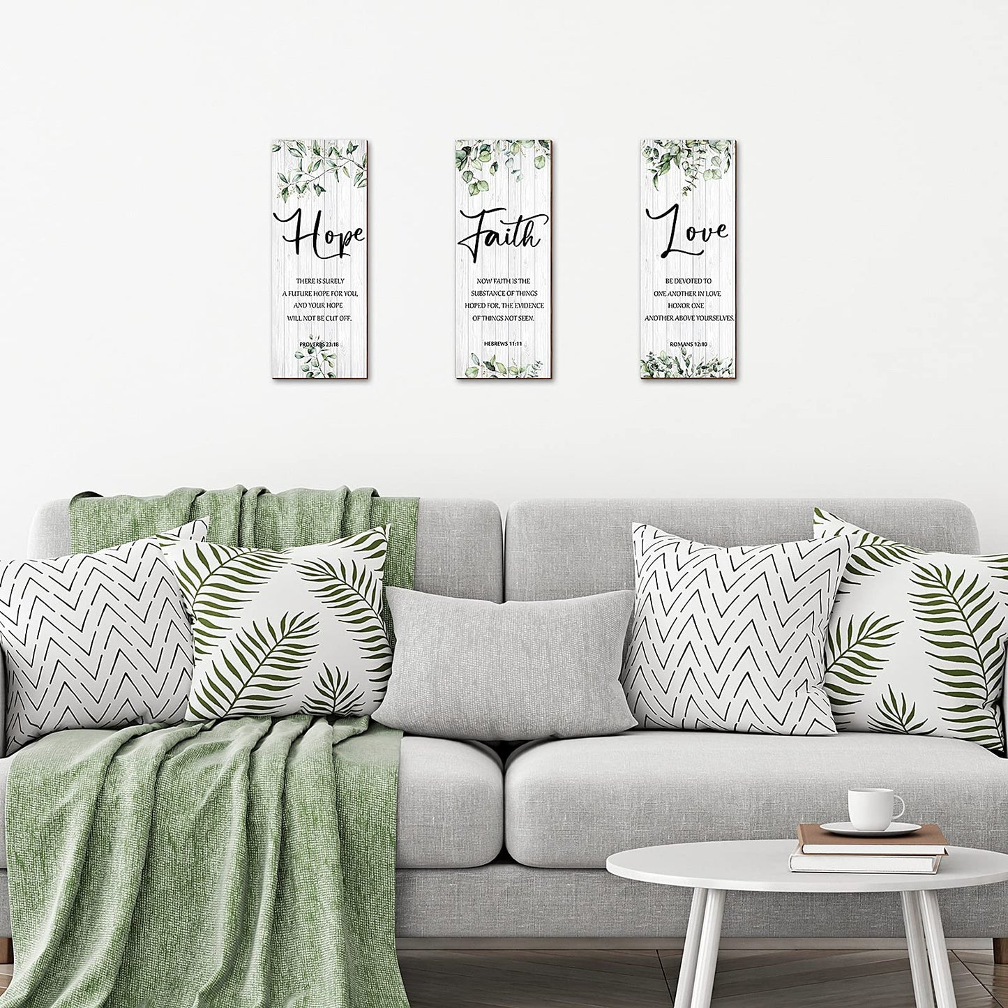 3 Pieces Wall Decor Christian Wall Decor Green Inspirational Art Scripture Hanging Plaque Rustic Wooden Leaves Sign Quote for Home Bedroom Decoration
