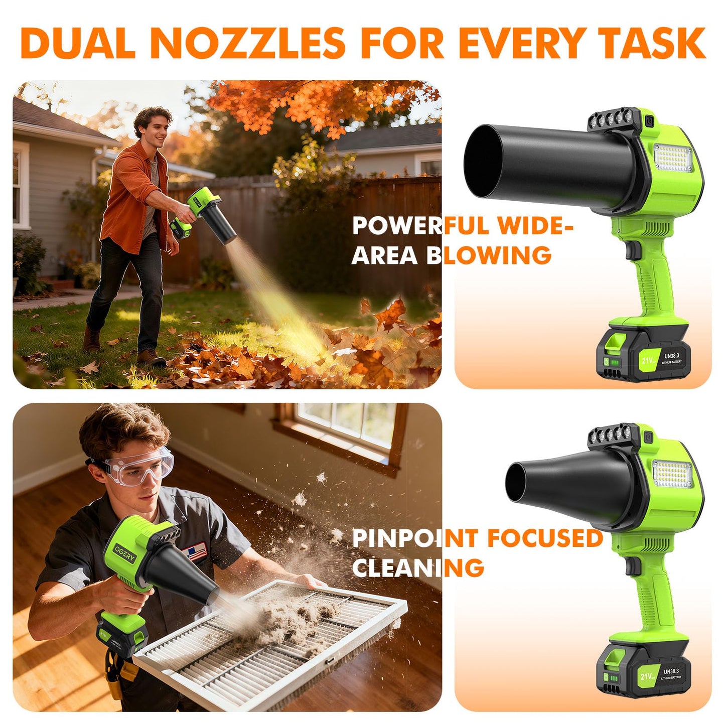 OGERY Brushless Leaf Blower Cordless with Lights, Powerful Electric Leaf Blowers with 2 x 3.0Ah Batteries & Fast Charging, 700CFM 900G Wind Pressure Handheld Blower for Lawn Care Yard Garden, Green