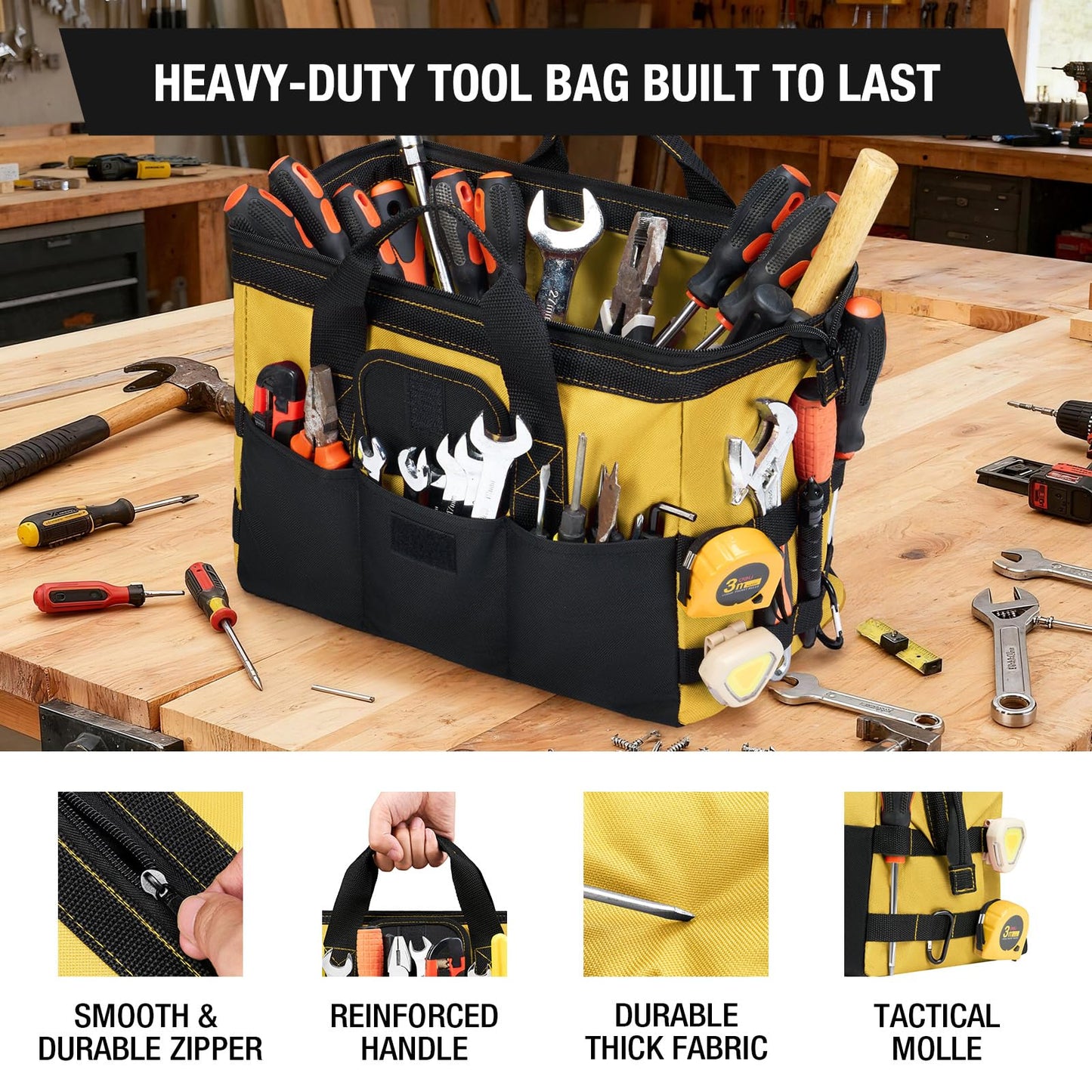 HISEA 3 Pack Heavy Duty Tool Bag with Storage Pockets, 16-Inch Tools Organizer Tote with Wide Base, Water-Resistant Durable Tool Bags with Zipper for Electrician, Tradesman (Red, Yellow, Blue)