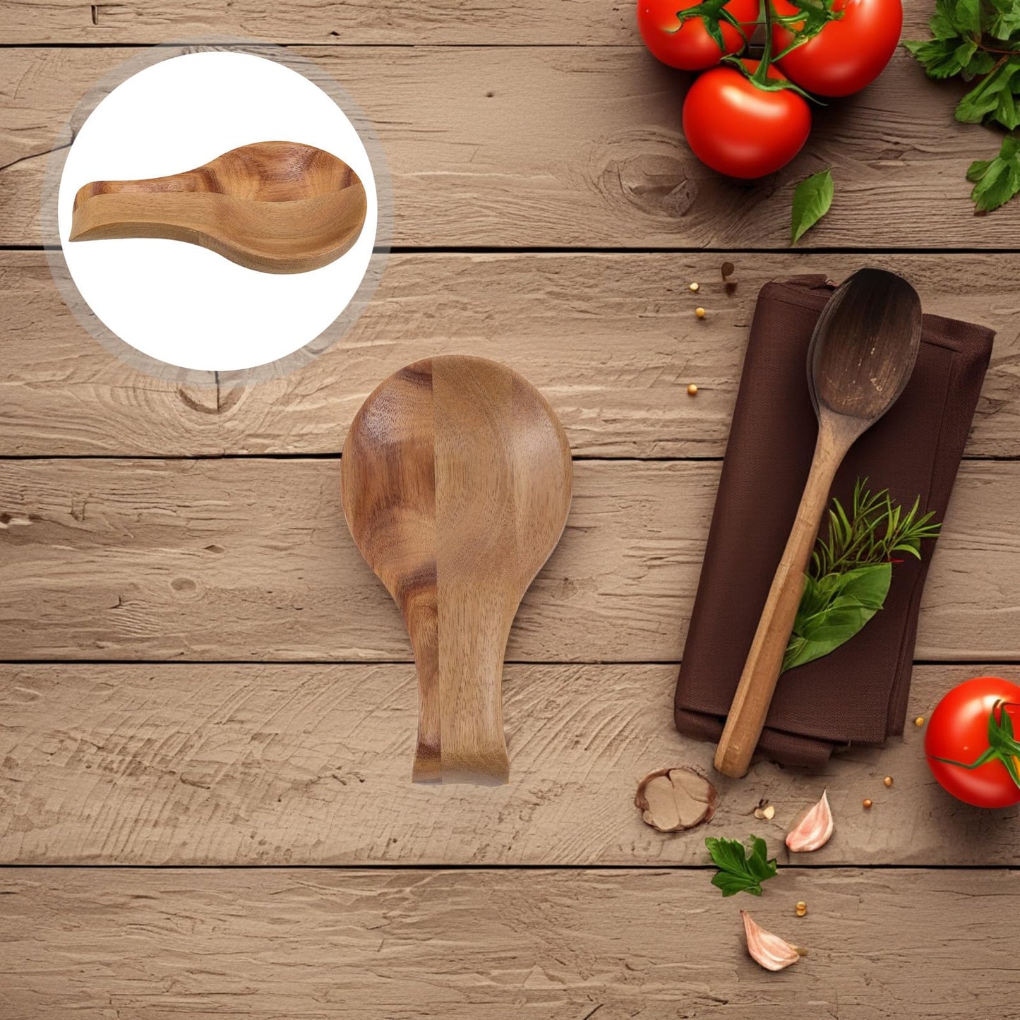 BIUDECO Wooden Spoon Rest for Kitchen Counter, Small Acacia Wood Utensil Holder with 17x9x2cm Size, Decorative Spoon and Spatula Rest for Stove Top and Dining Table Use