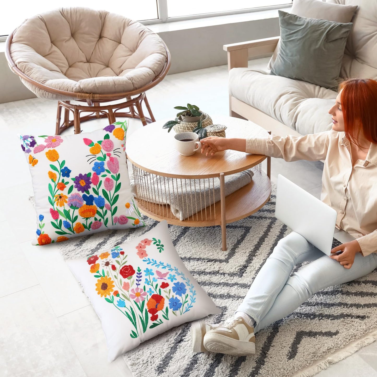 Mindsoft 2 Pcs Flower Throw Pillow Covers 18 x 18 Inch Spring Embroidered Pillow Cover with Zipper Colorful Floral Pillowcase Soft Boho Cushion Case for Living Room Couch Sofa Bed