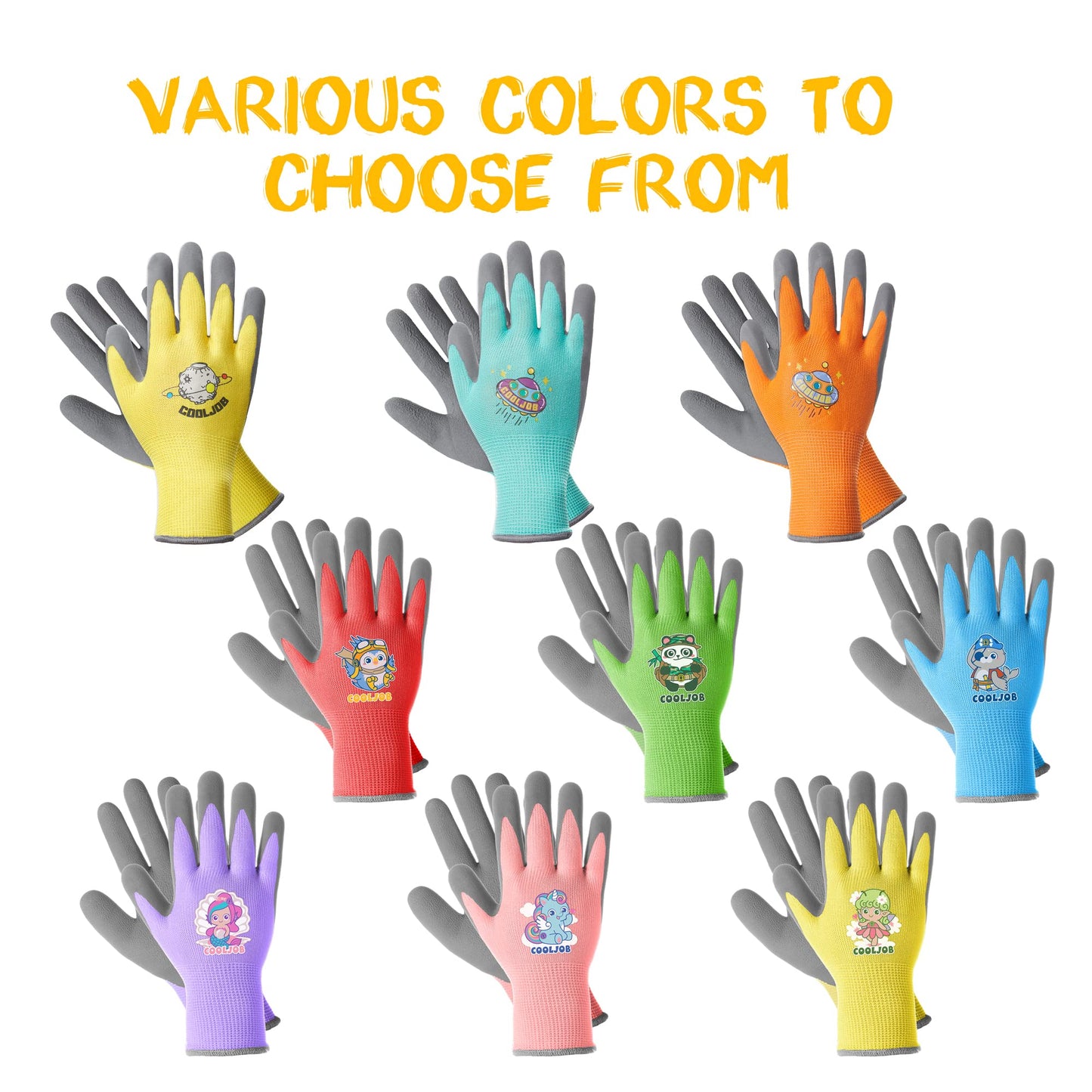COOLJOB 3 Pairs Kids Gardening Gloves for Age 6-8, Children Toddler Girls Grippy Rubber Coated Work Gloves, Purple & Pink & Yellow (Little Beauty, Medium M)