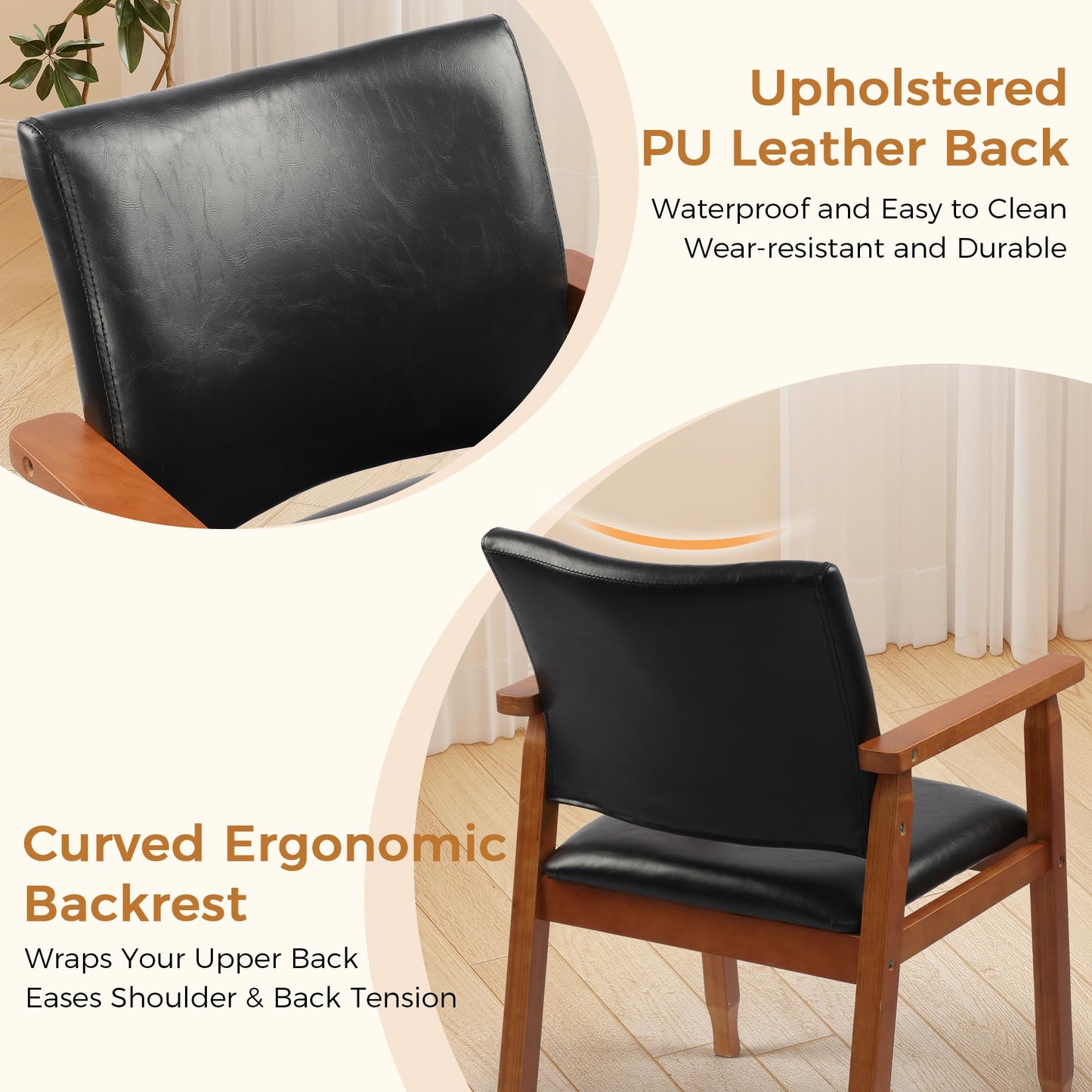 NOBPEINT Mid-Century Modern Dining Chairs with Armrest Set of 1, PU Leather Upholstered Dining Room Chairs with Solid Wood Frame, Walnut Kitchen Armchairs for Kitchen Living Room Restaurant, Black