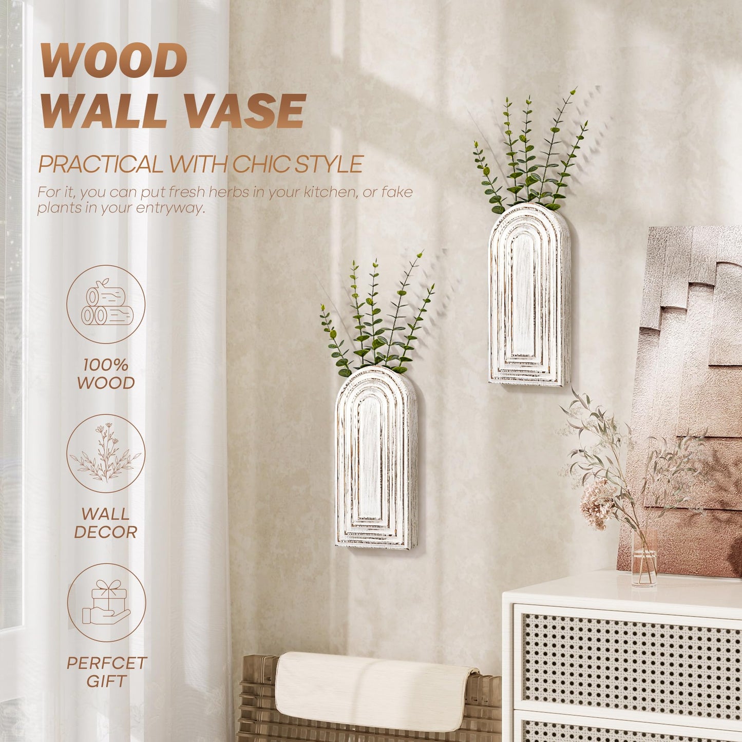 EOSAHR Pine Wood Wall Vases Set of 2 – Farmhouse Wall Decor for Living Room, Bedroom & Office – Hanging Planters for Indoor Plants & Artificial Flowers, Best Boho Chic Decor Accent (Whitewash)