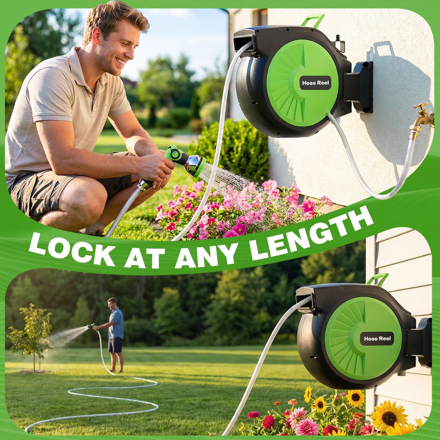 Retractable Garden Hose Reel 100FT x 1/2 in, Wall Mount Water Hose Reel for Outside with Auto Rewind, Tangle-Free Guide, 180° Swivel Bracket, Lock at Any Length, High-Pressure Flow, 10-Pattern Nozzle