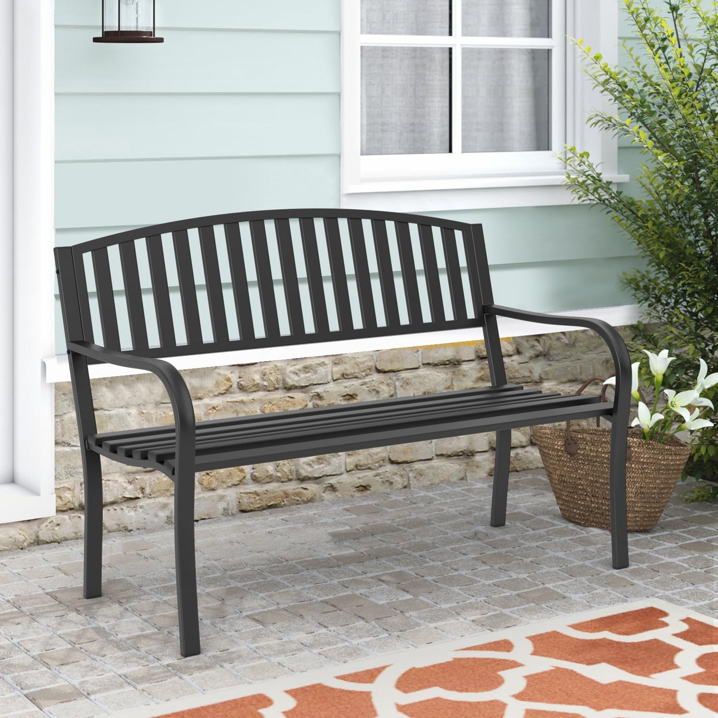 Maemttes Outdoor Bench Garden Bench, Weatherproof Anti-Rust Heavy-Duty Outside Benches Clearance, Wrought Iron Metal Bench for Front Porch, Patio, Park