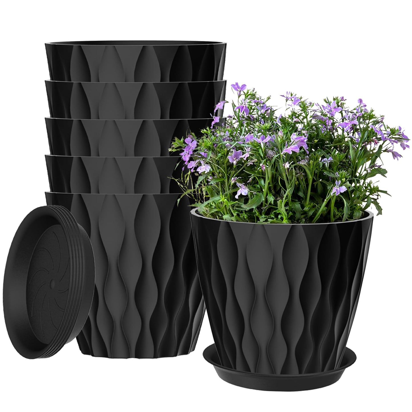 zople 6 Pack 7 Inch Plant Pots with Drainage and Saucers, Black Plastic Flower Pots for Indoor and Outdoor Plants, Stackable Nursery Planters for Houseplants and Herbs, Black