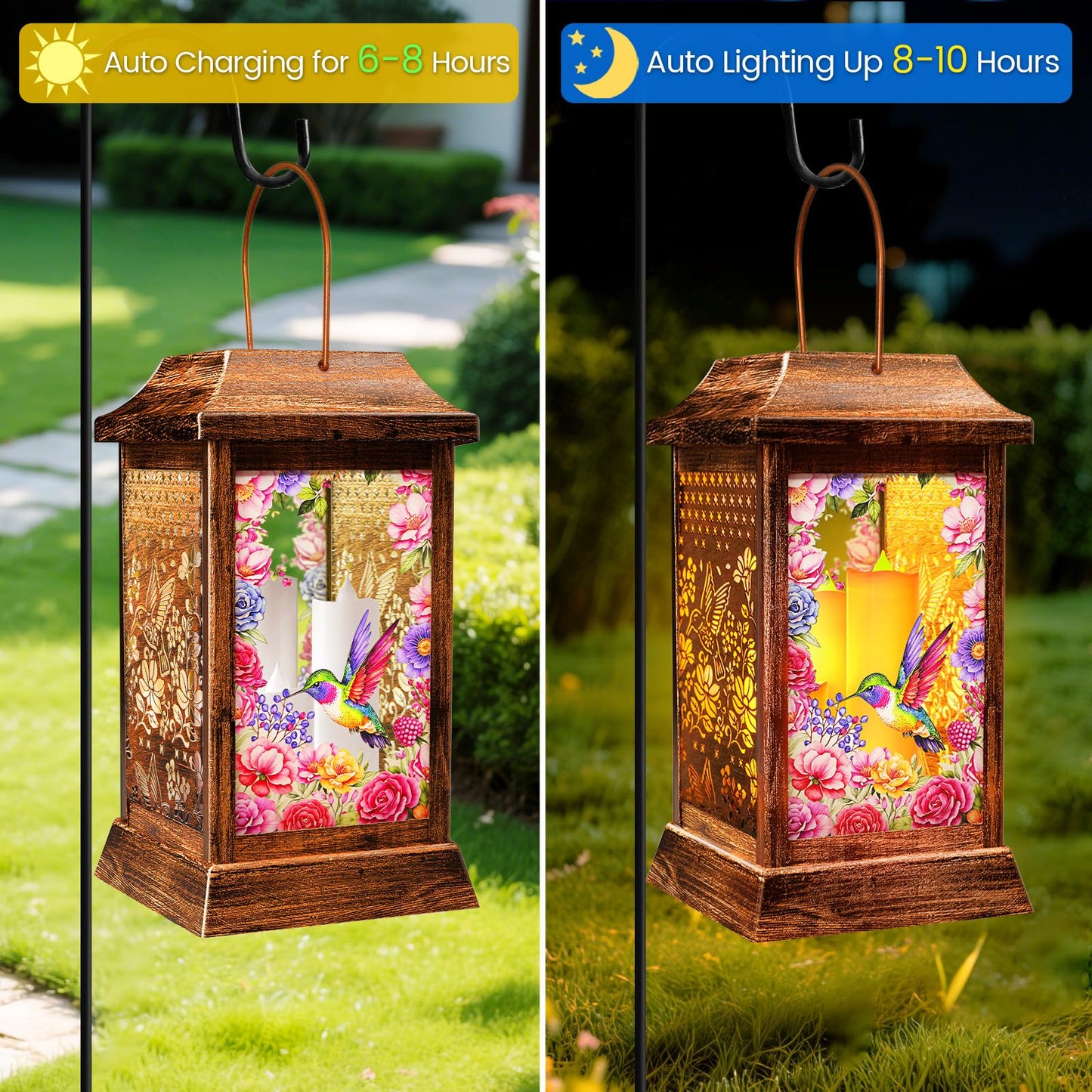 Hummingbird Solar Lanterns Outdoor Hanging Lanterns, Metal Glass Garden Decor Solar Lights, Gifts for Women Mom Birthday Grandma Mothers Day, Waterproof Decorative Lantern for Outside Patio Yard
