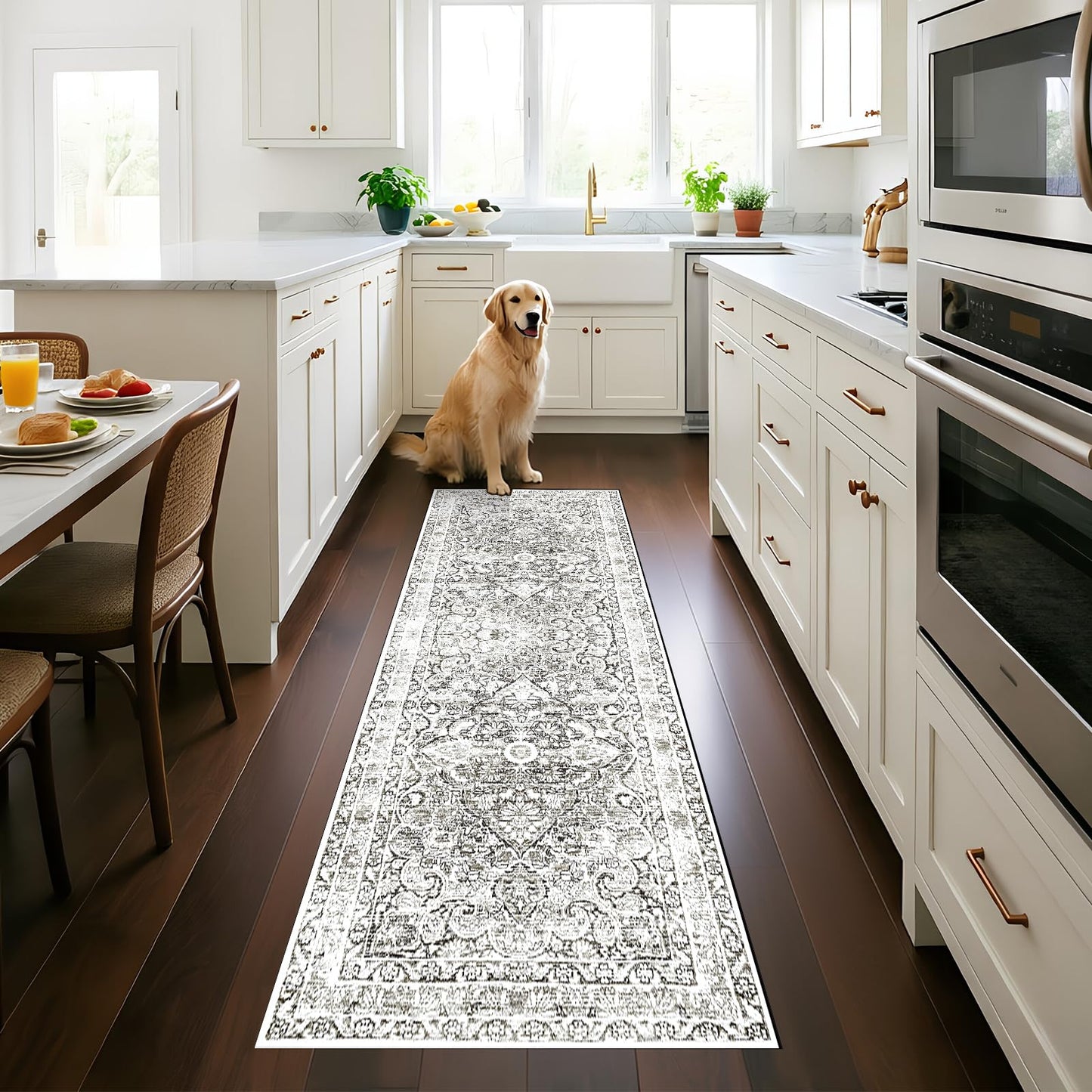 2x6 Hallway Washable Runner Rug : Vintage Soft Kitchen Bathroom Laundry Runner Non Slip Backing Farmhouse Entryway Floor Mat Stain Resistant Carpet for Bedroom Living Room Distressd Beside Rug(Gray)