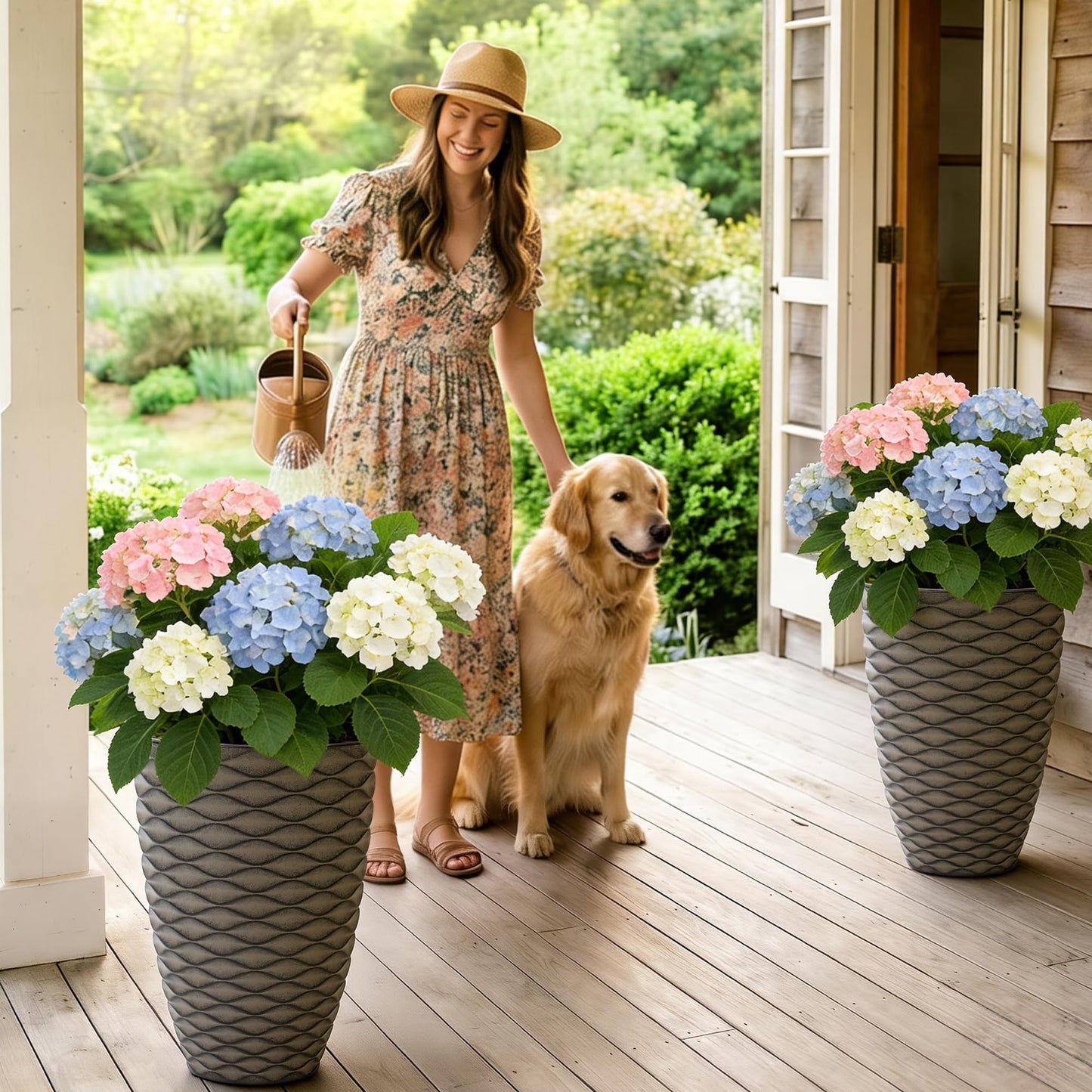 Ultym 19" H Coastal Planter for Indoor/Outdoor Plants, Set of 2 Large Flower Pot with Drainage Hole, Weather-Resistant Resin Planters for Garden Patio Porch Home Office Decor, Rustic Black Wavy