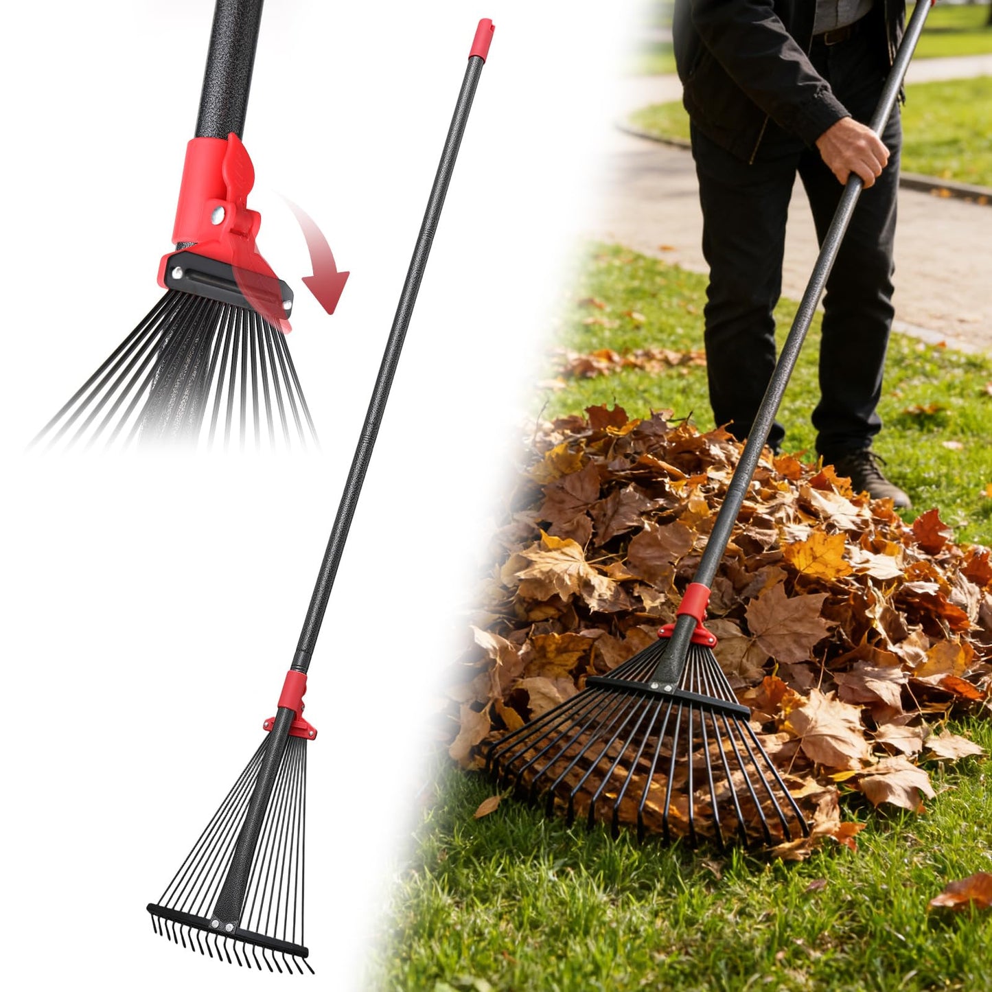 Garden Rake for Leaves: 55 Inch Adjustable Long Handle 18 Metal Tines with 8-17" Expandable Head Heavy Duty Metal Rake for Lawns Leaves Yard Grass Camping Debris