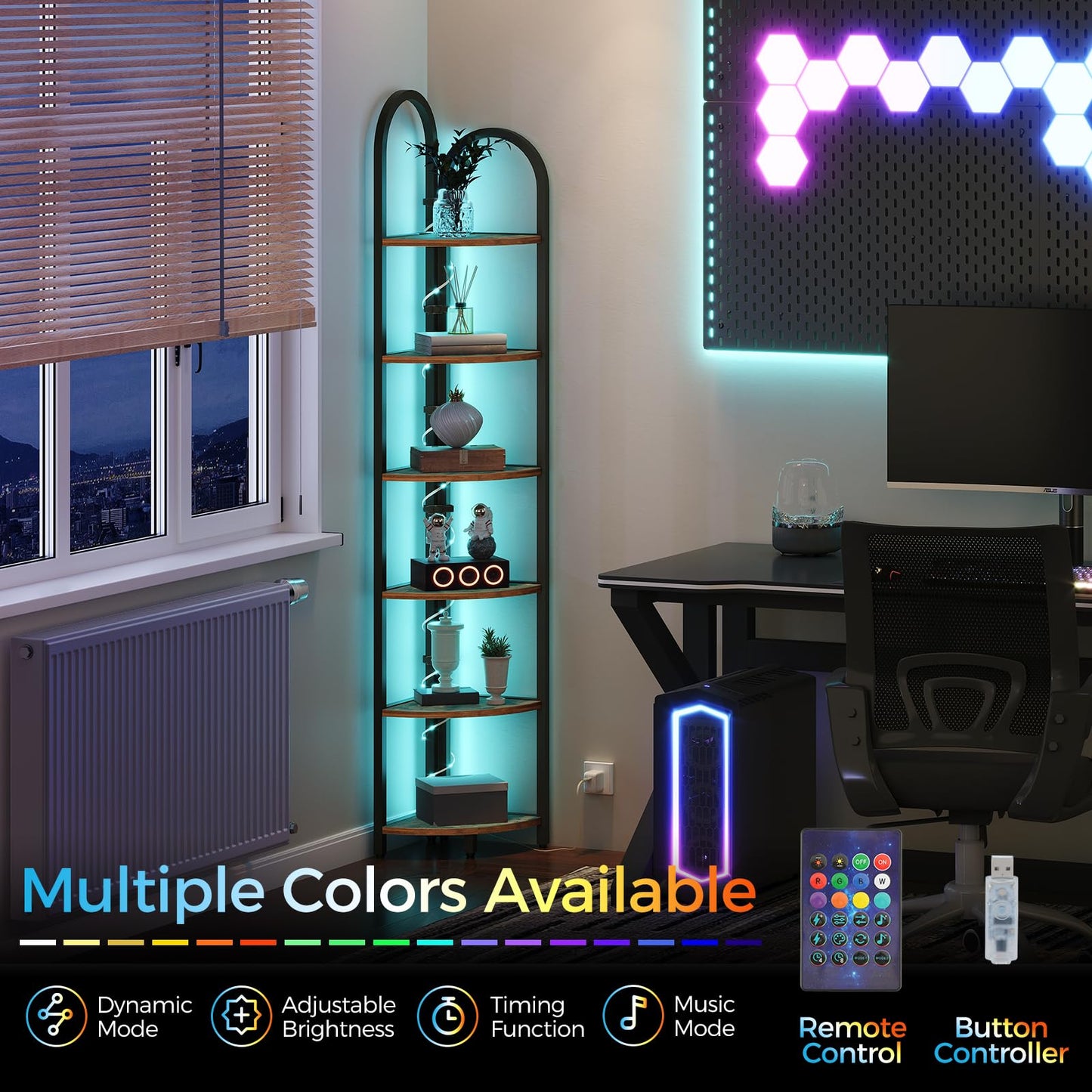 MAHANCRIS 6 Tier Corner Shelf with LED Light, 74.6'' Tall Corner Bookshelf Stand, Narrow Display Bookcase with Storage Rack for Wall Corner, Living Room, Bedroom, Small Spaces, Rustic Brown CSHR66101