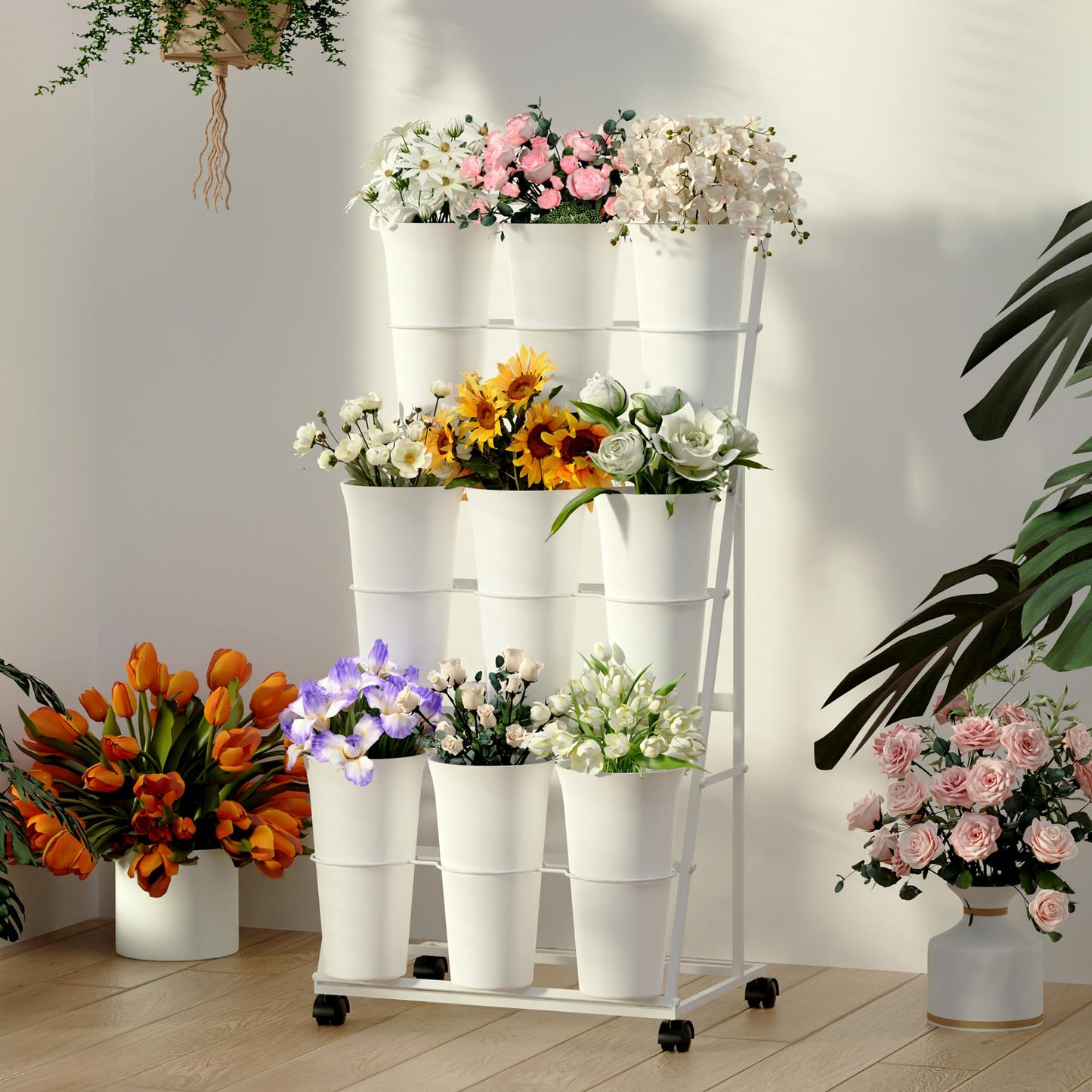 Invech Flower Display Stand with 9 Buckets, 3 Tier Flower Cart Display Stand and Wheels for Indoor Outdoor Garden, Wedding, Flower Shop (White)