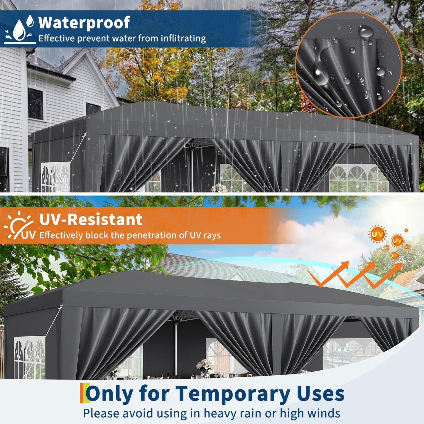 10x20 Pop Up Canopy Tent with 6 Removable Sidewalls, Heavy Duty Easy Up Commercial Party Tent with 3 Adjustable Heights, Waterproof Outdoor Canopy for Events, Wedding & Market, Includes 18 Stakes and