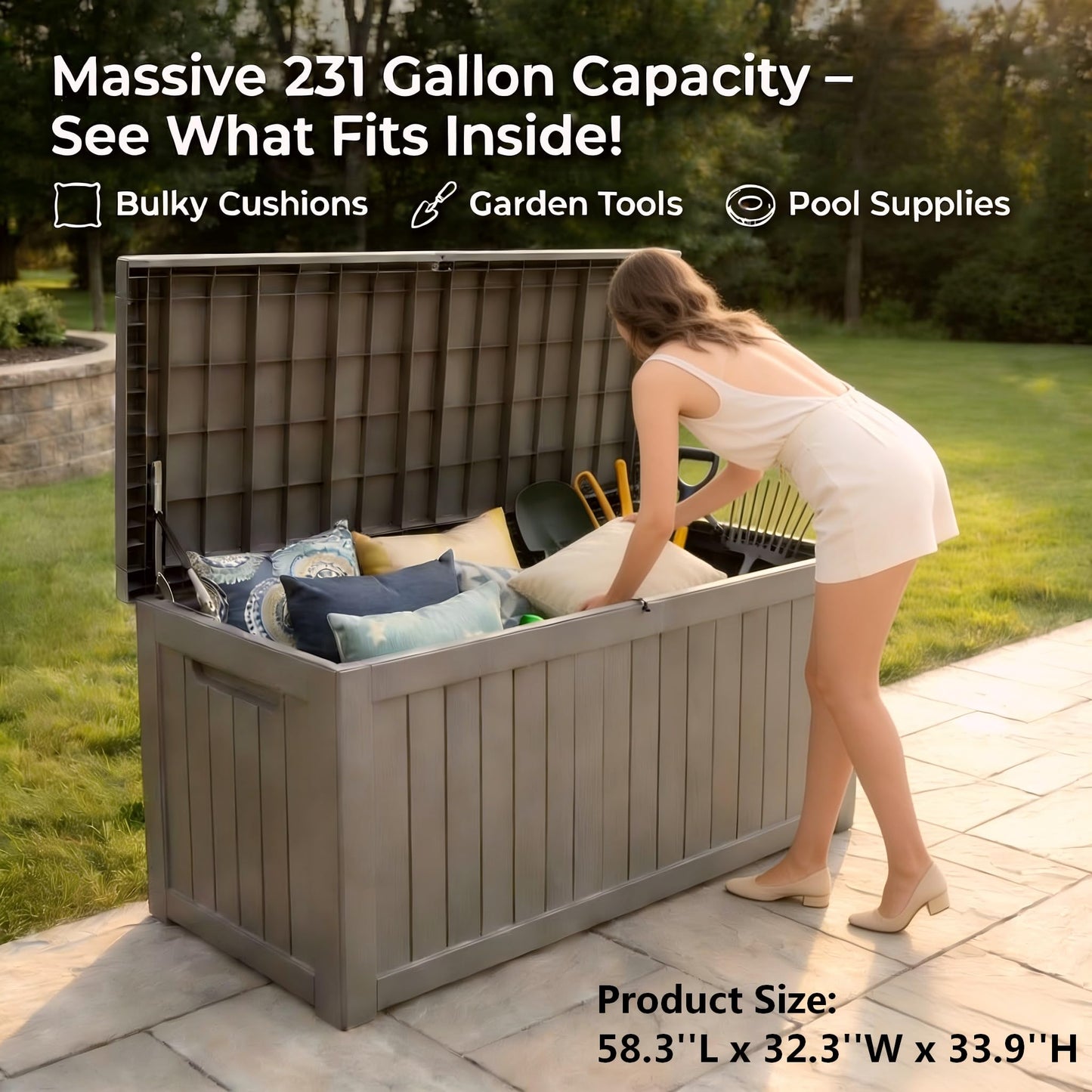 Large 231 Gallon Resin Deck Box, Heavy Duty Lockable Patio Storage Box Outdoor, Waterproof Tool Box for Garden Furniture Cushions & Pool Supplies, Wood Grain Outdoor Storage Bench for Backyard