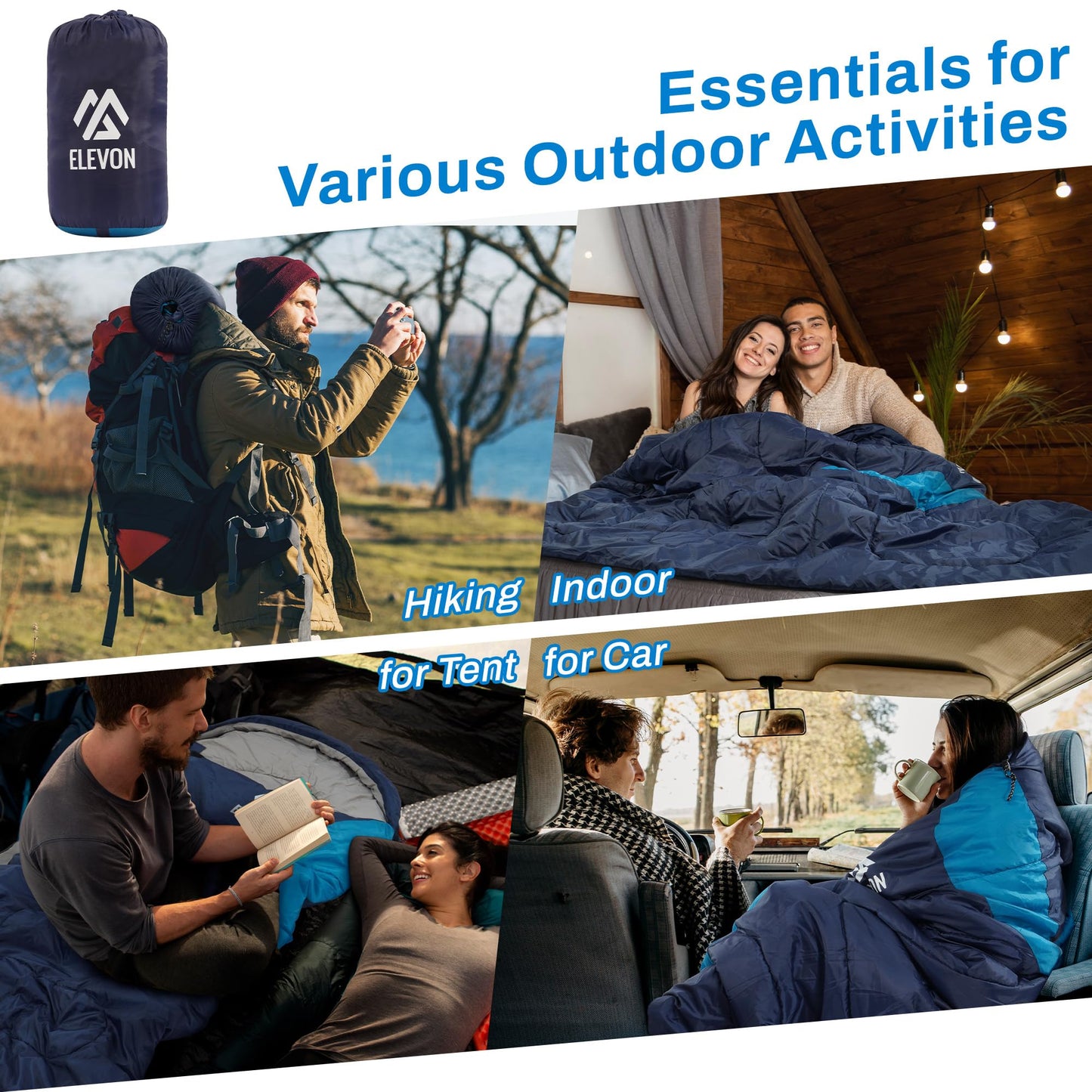 Elevon Sleeping Bag for Adults Teens Kids Cold Warm Weather, Portable Waterproof & Lightweight, Compact with Compression Sack, for 3-4 Seasons Camping, Backpacking, Hiking, Travel, Indoors Outdoors