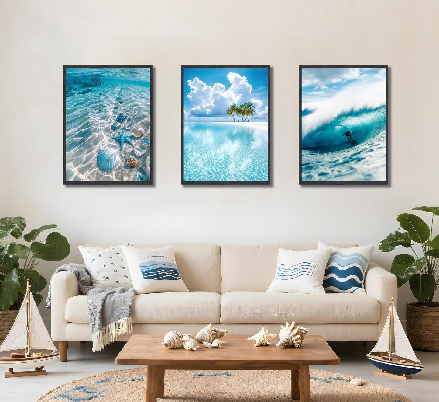 3pcs Blue Ocean Wall Art Featuring Starfish Seashells Waves and Palm Trees Summer Beach-Themed Canvas Paintings Prints Modern Coastal Style Posters Wall Decor suitable for Bathroom living room Decoration (Unframed)