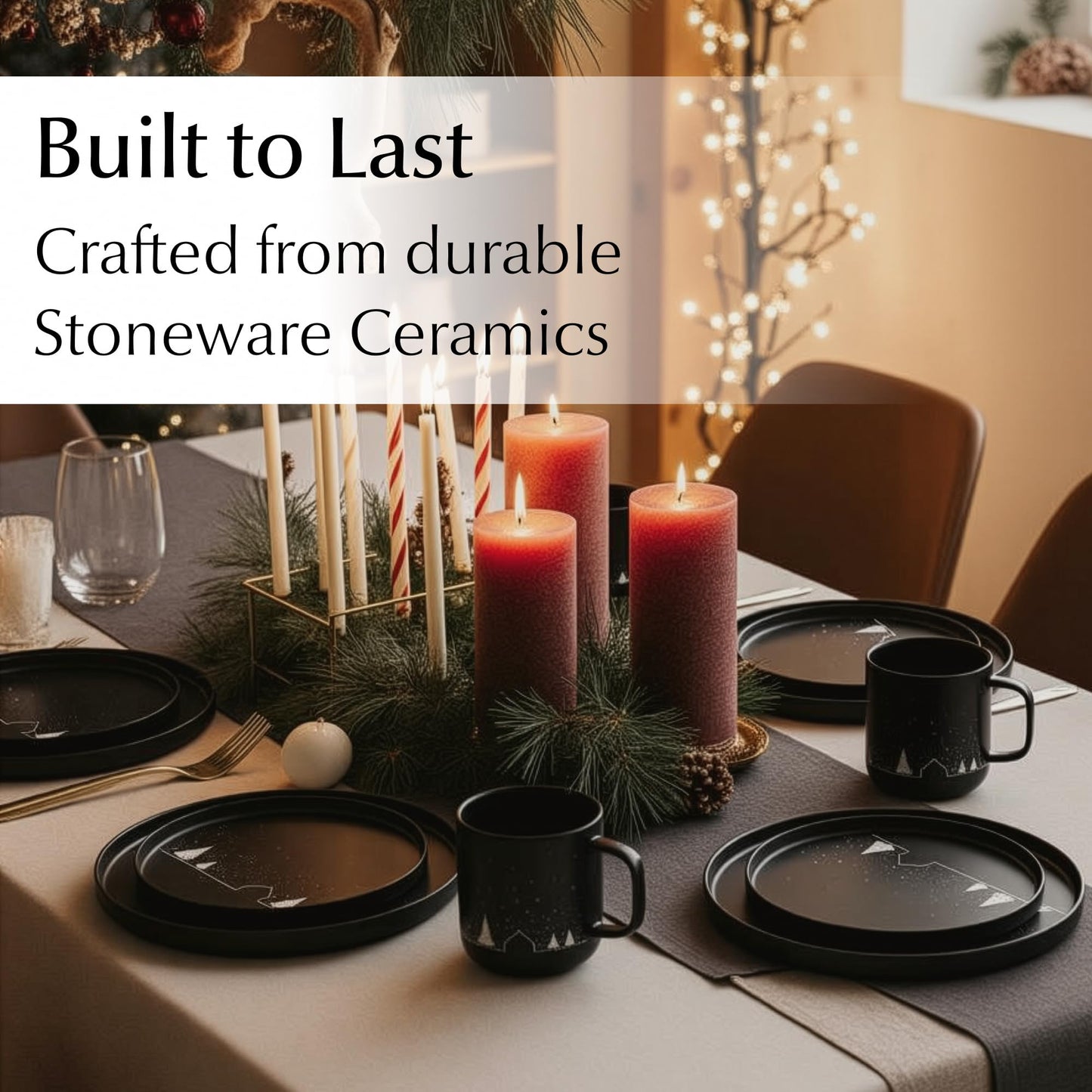 MIAMIO – Christmas Dinnerware Set 12-Piece/Christmas Plates Set with Mugs in minimalist holiday design (Service for 4) / Dishwasher and Microwave Safe – Vinter Collection