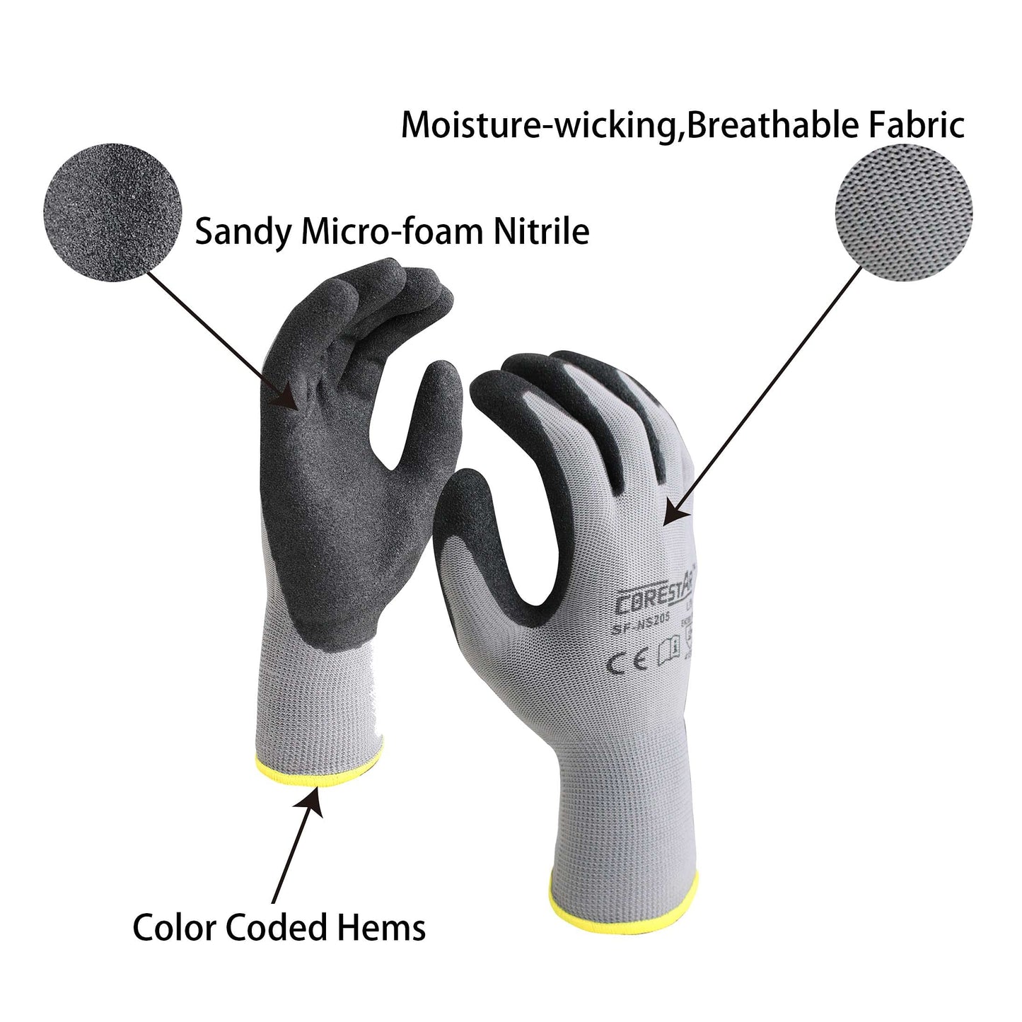 Onmaru Corestar Safety Work Gloves Sandy MicroFoam Nitrile Palm Coated Seamless Nylon Micro-Foam Gloves (10pair XL)