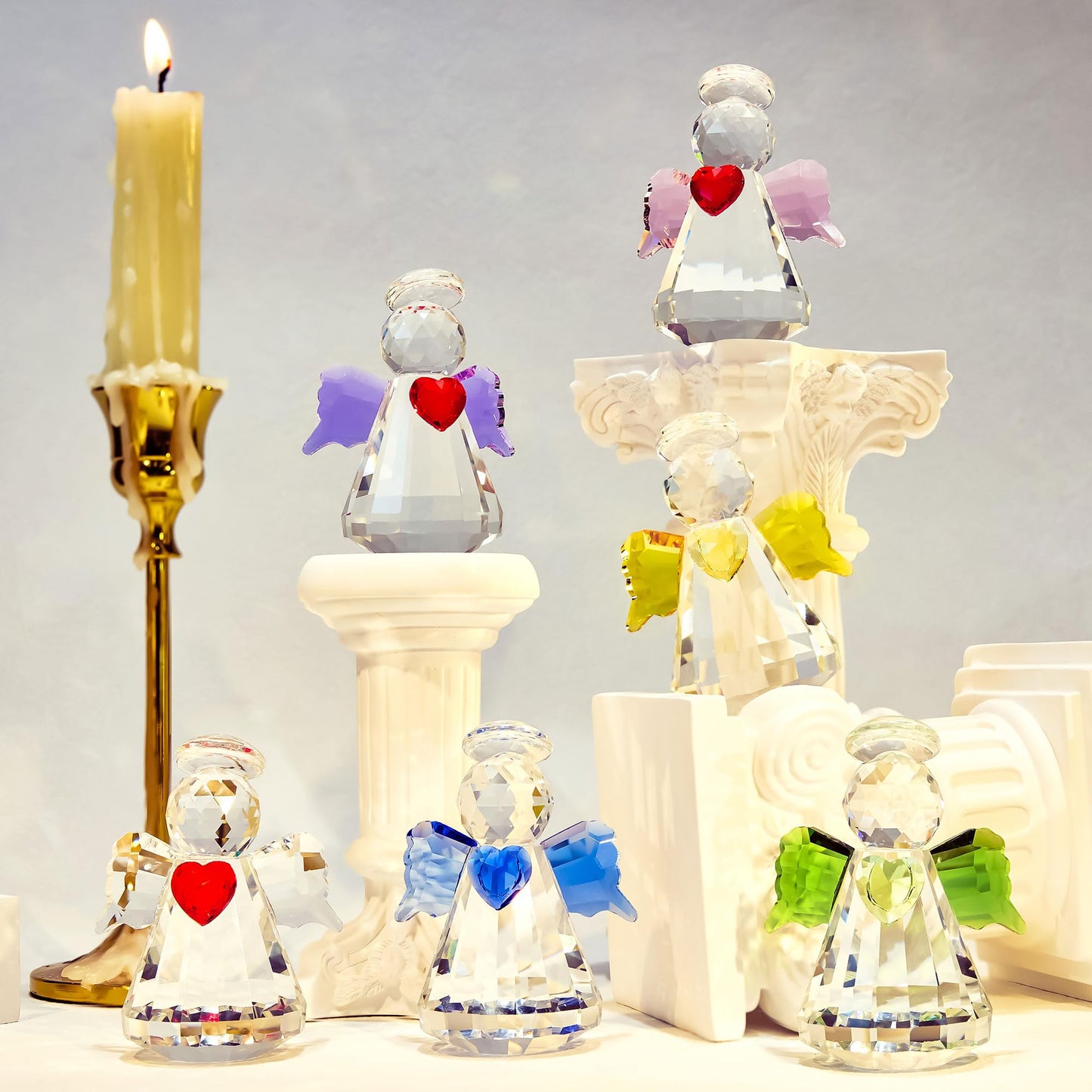 6-Piece Crystal Guardian Angel Figurine Set, 2.5" Handcrafted Glass Angel Ornaments Home Decor, Office Room Tabletop Display Collection Paperweight, for Lover Women Girl Birthday