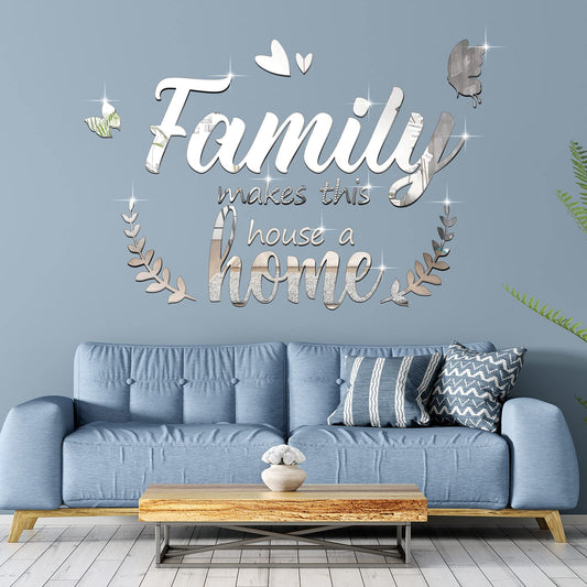 Zonon 3D Acrylic Mirror Wall Decor, Family Mirror Wall Letter Stickers, DIY Removable Family Makes This House a Home Art Decals, Inspirational Quote Decal, for Home Living Room Bedroom(Silver)