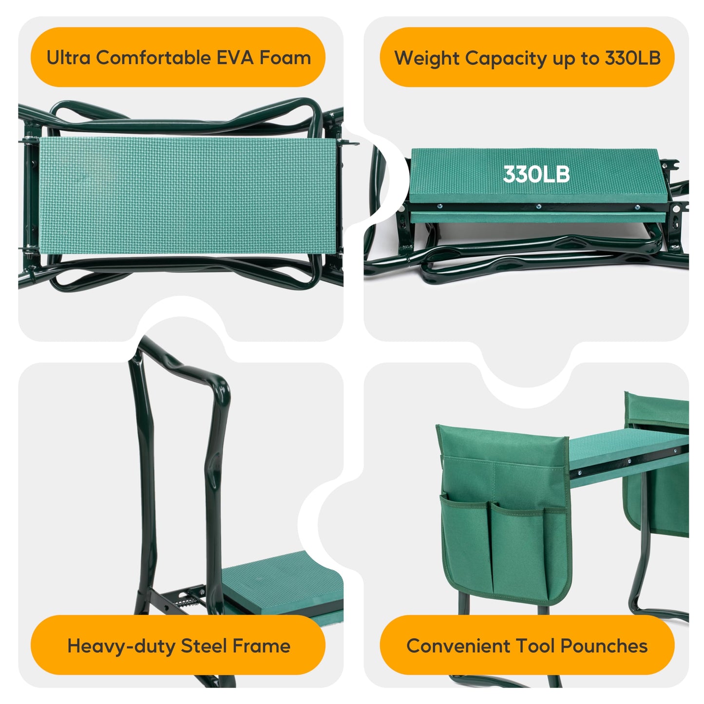 Simple Deluxe Garden Kneeler and Seat, Foldable Kneeling Stool with Thicker EVA Foam Pad Heavy Duty Bench, with Tool Pouch, Gifts for Outdoor Gardening, Fishing, Green, Arbor Day Gift