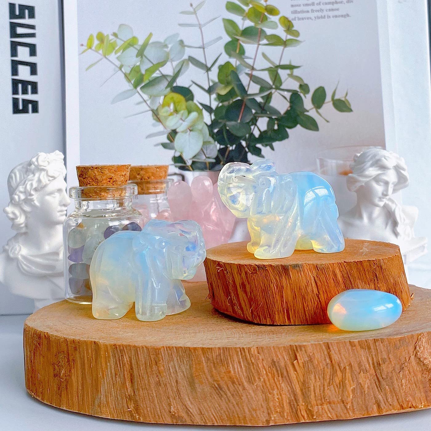 QINJIEJIE Opalite Elephant Crystals Luck Elephant Decor Pocket Crystal Statue Moonstone Guardian Stones Figurine Office Hippie Room Cute Desk Gem Decor Spiritual Love Gift Christmas Stocking Stuffers